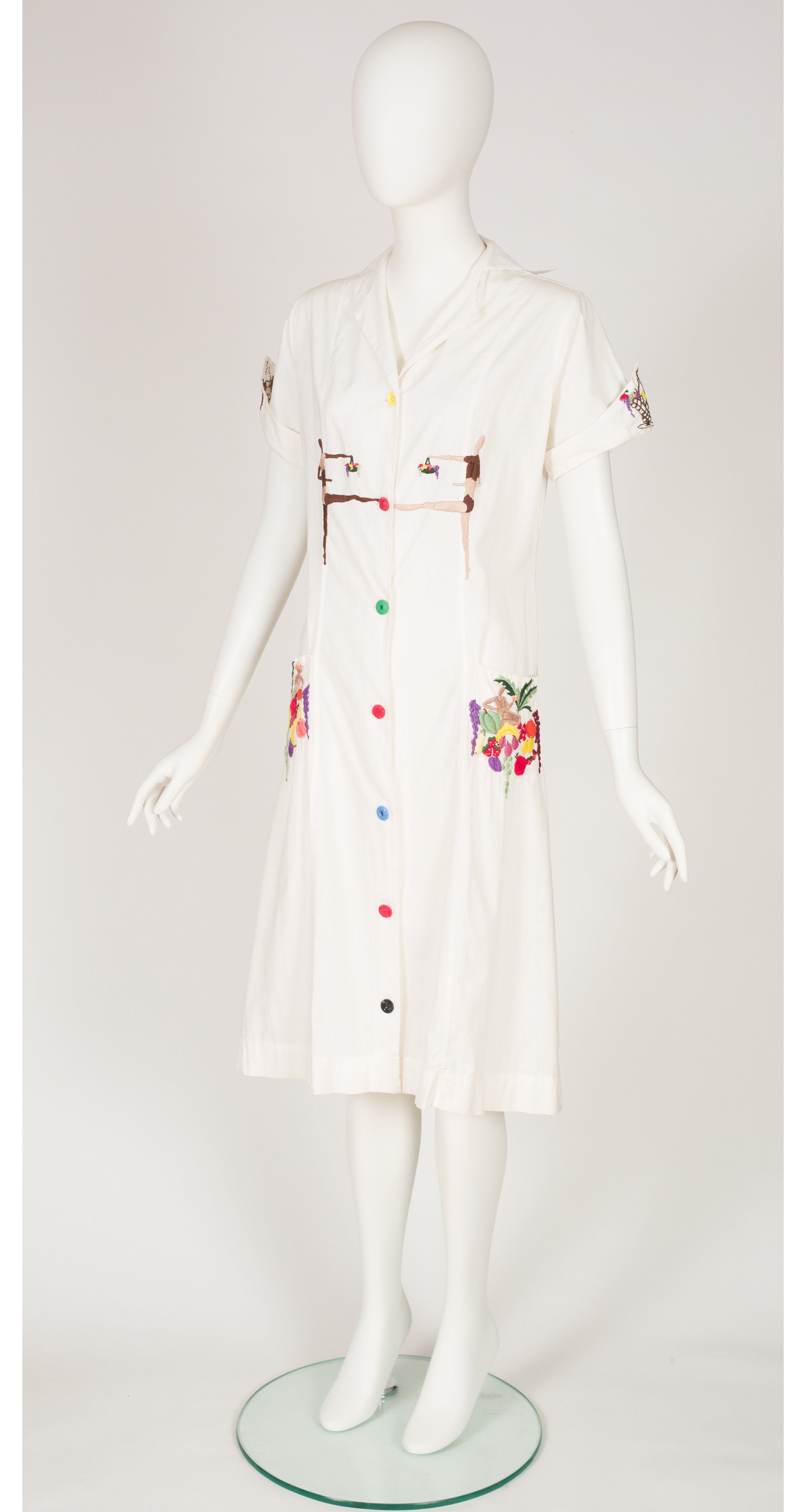 1930s Novelty Hand-Embroidered White Cotton Work Dress
