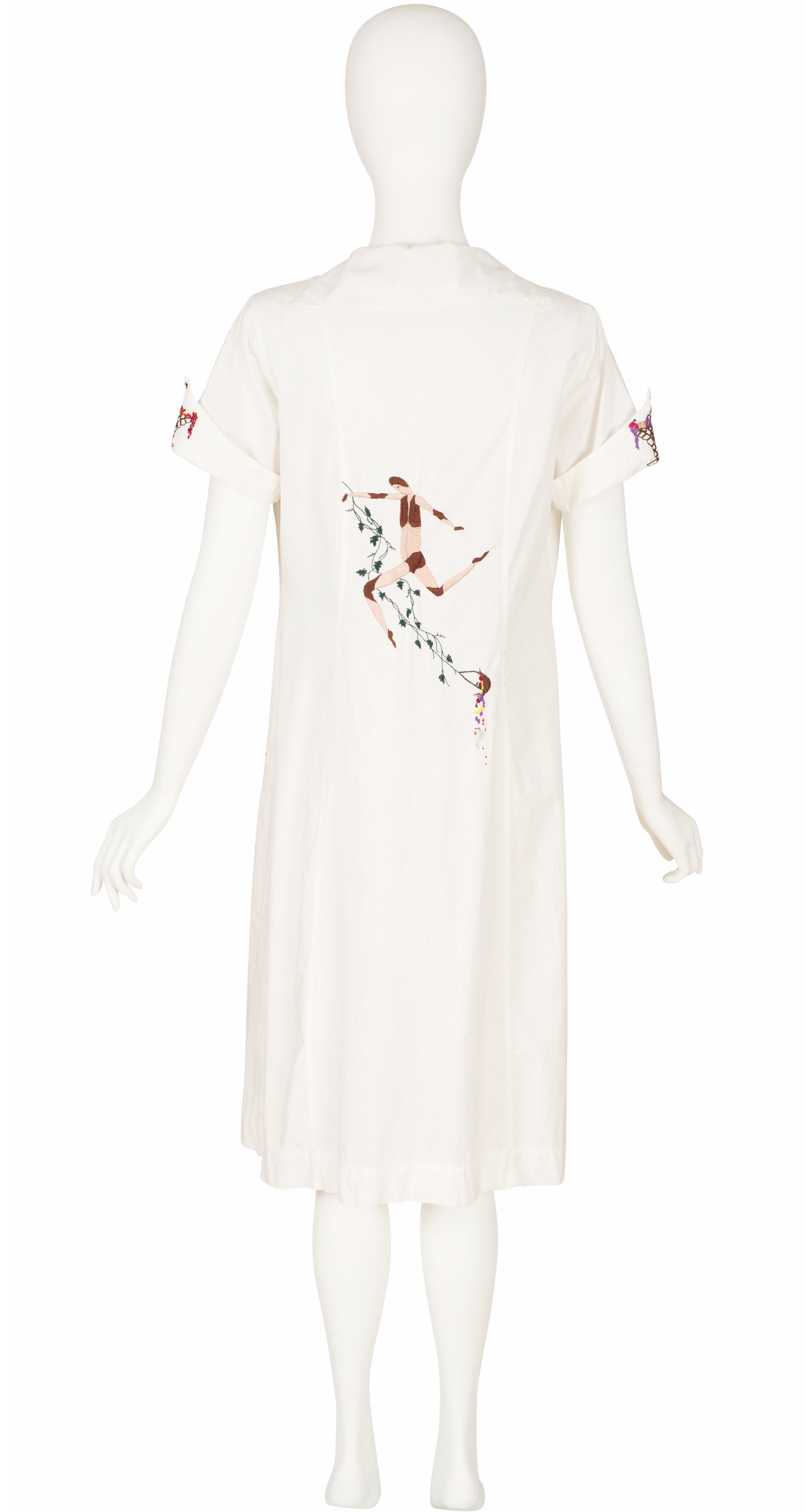 1930s Novelty Hand-Embroidered White Cotton Work Dress