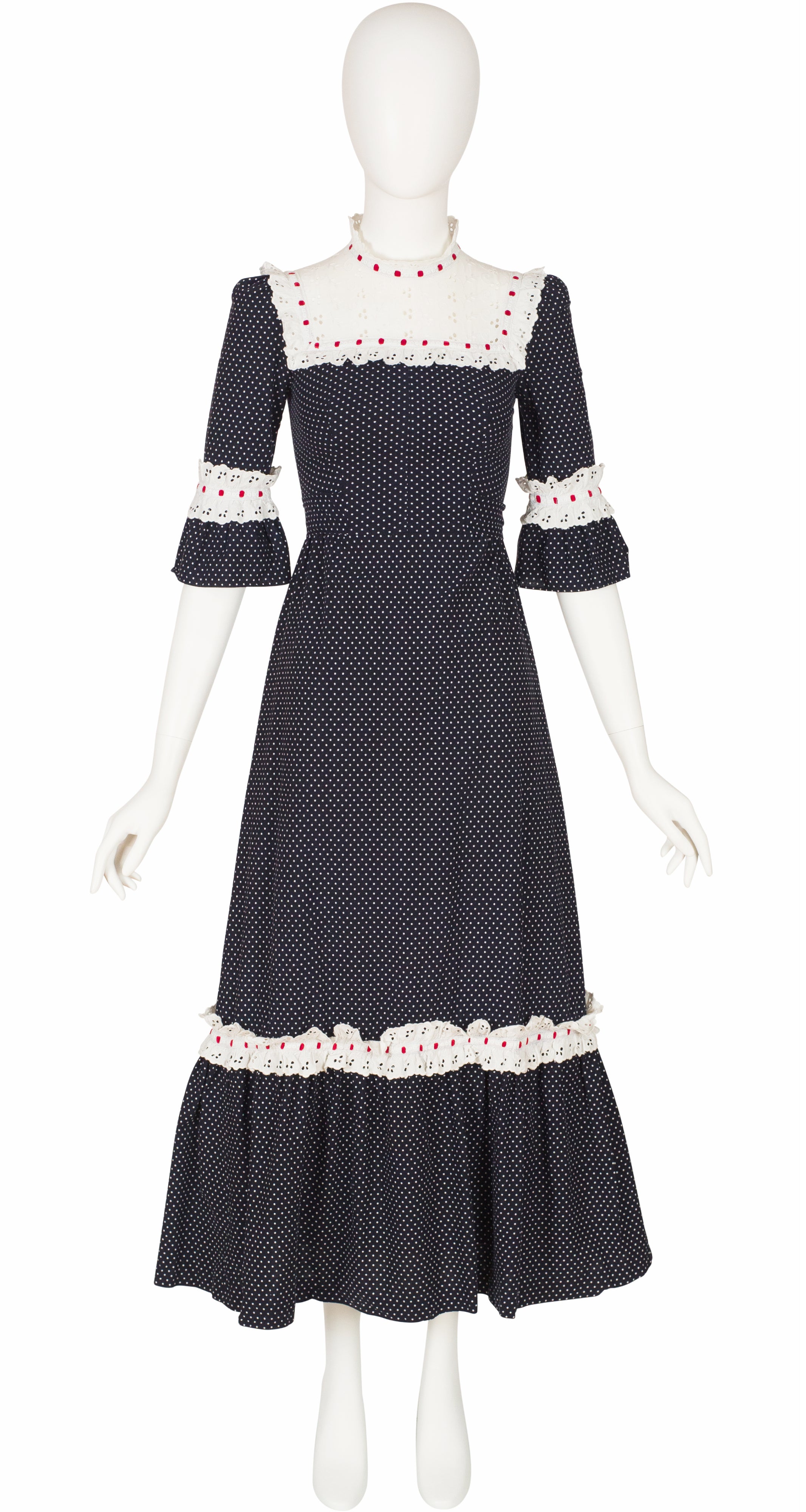 1970s Polka-Dot Cotton Eyelet Ruffle Prairie Dress