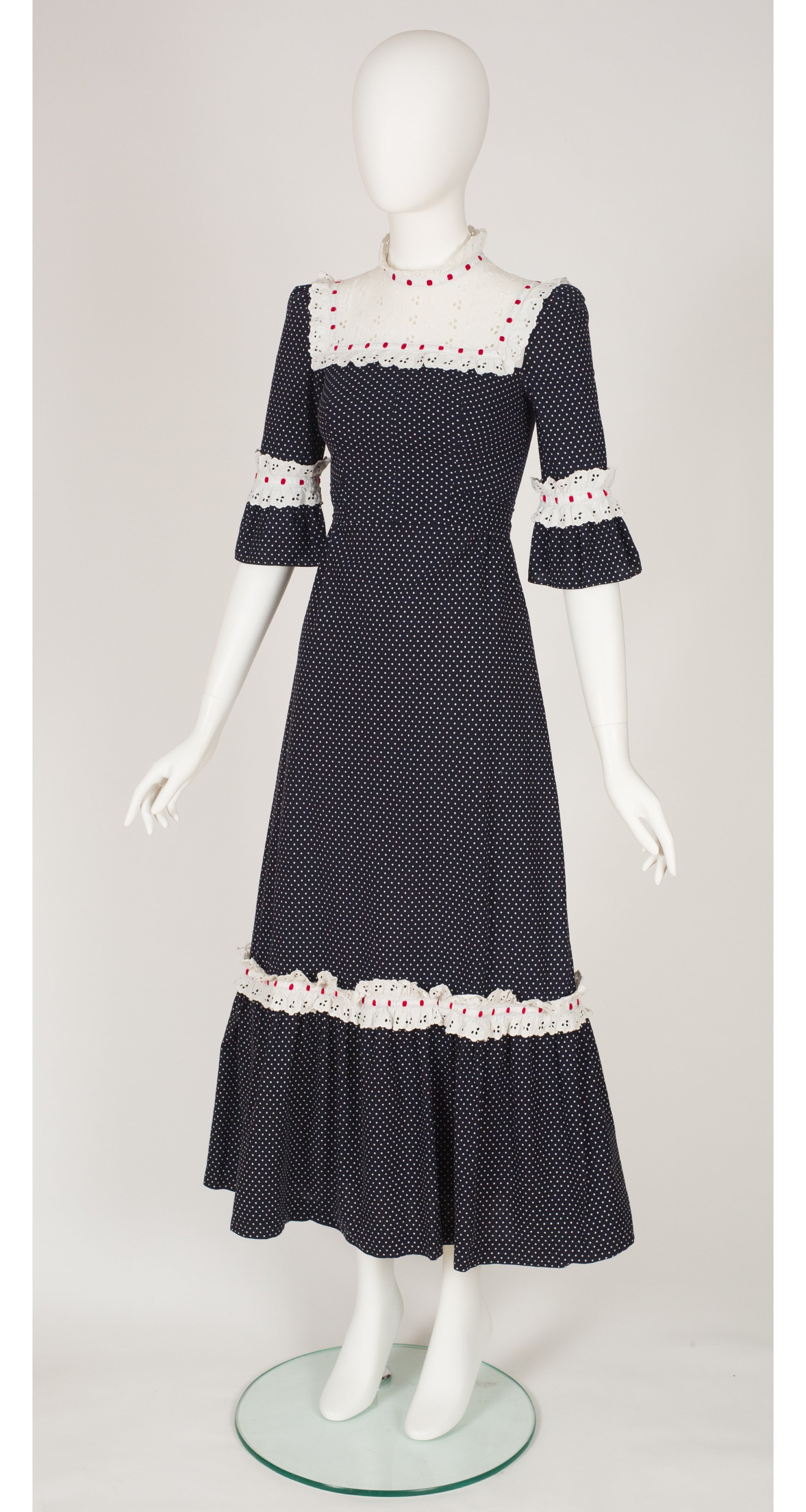 1970s Polka-Dot Cotton Eyelet Ruffle Prairie Dress
