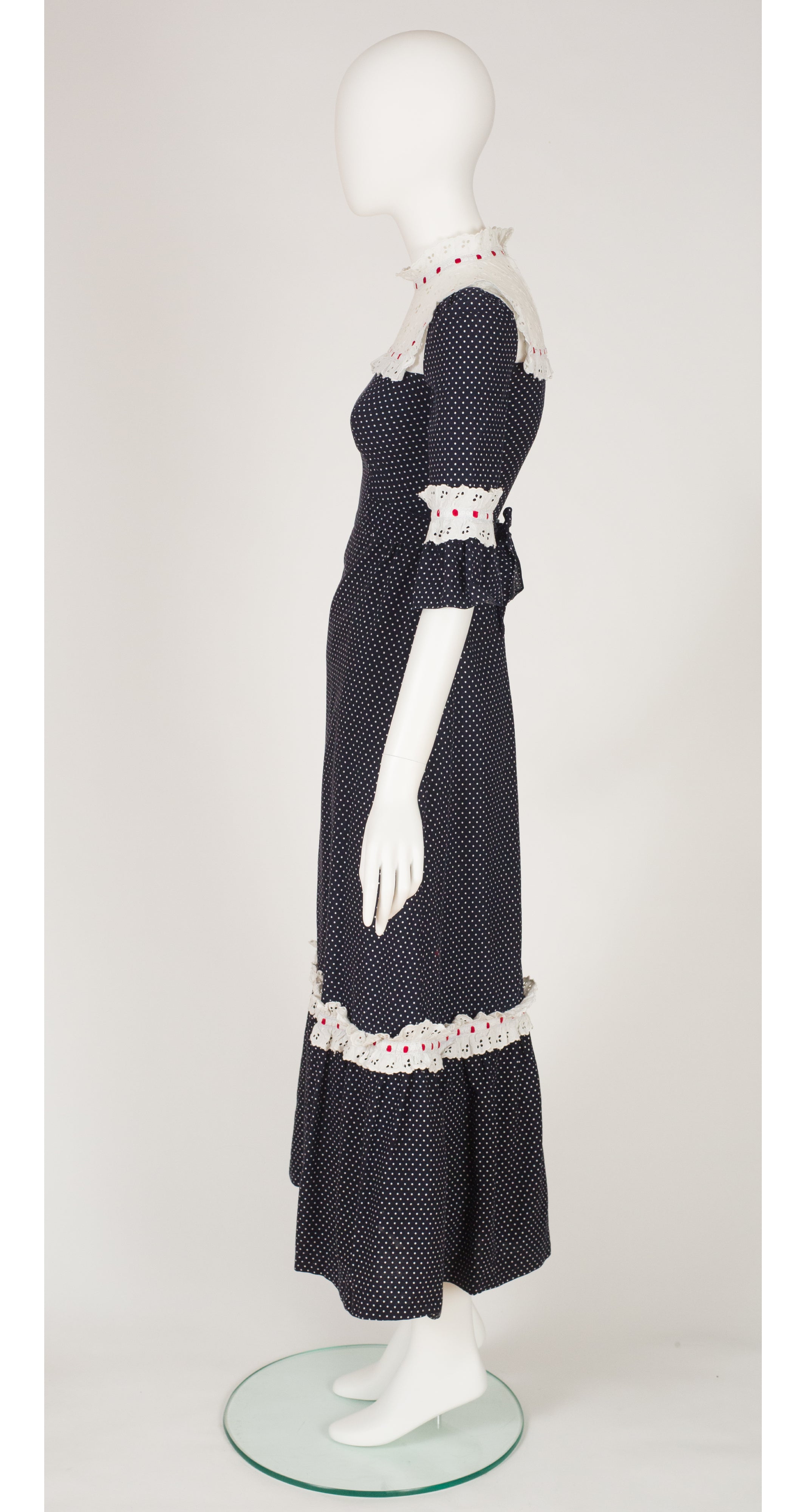 1970s Polka-Dot Cotton Eyelet Ruffle Prairie Dress