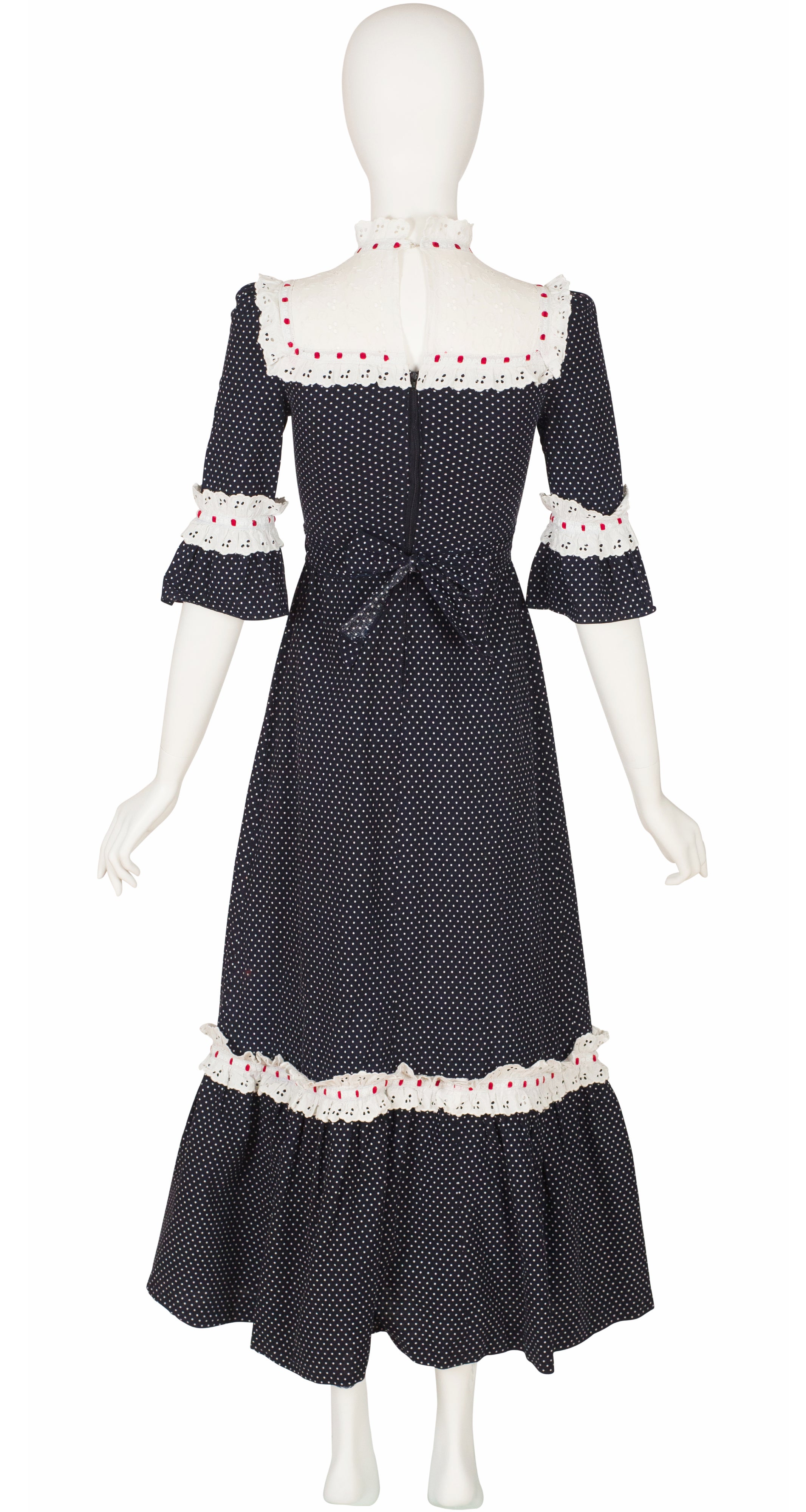1970s Polka-Dot Cotton Eyelet Ruffle Prairie Dress