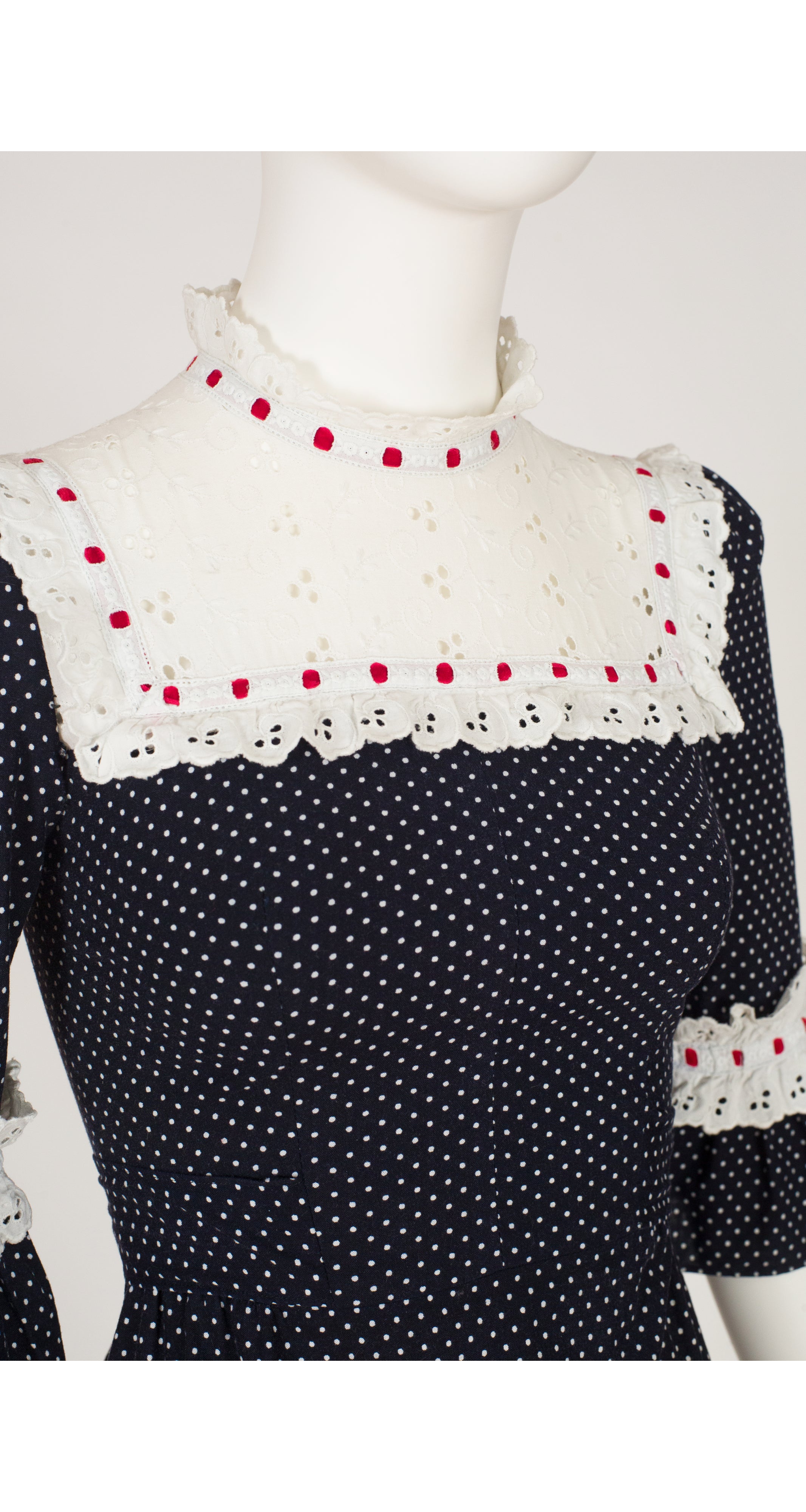 1970s Polka-Dot Cotton Eyelet Ruffle Prairie Dress