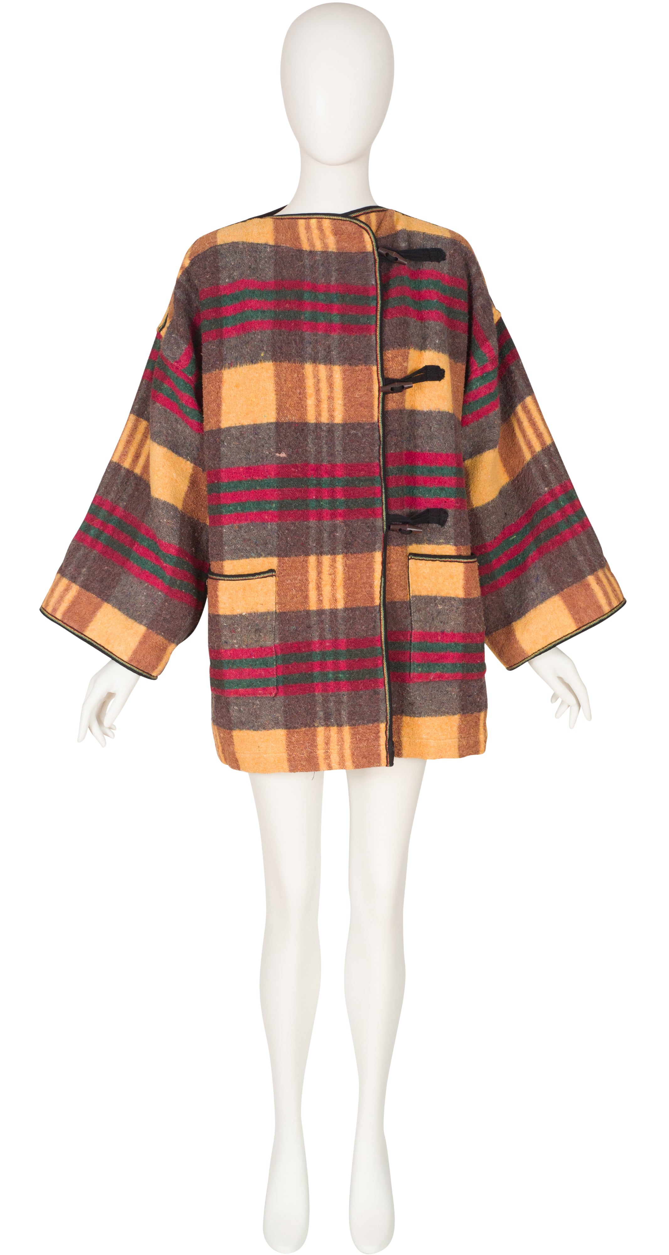 1970s Plaid Floral Lined Toggle Blanket Coat