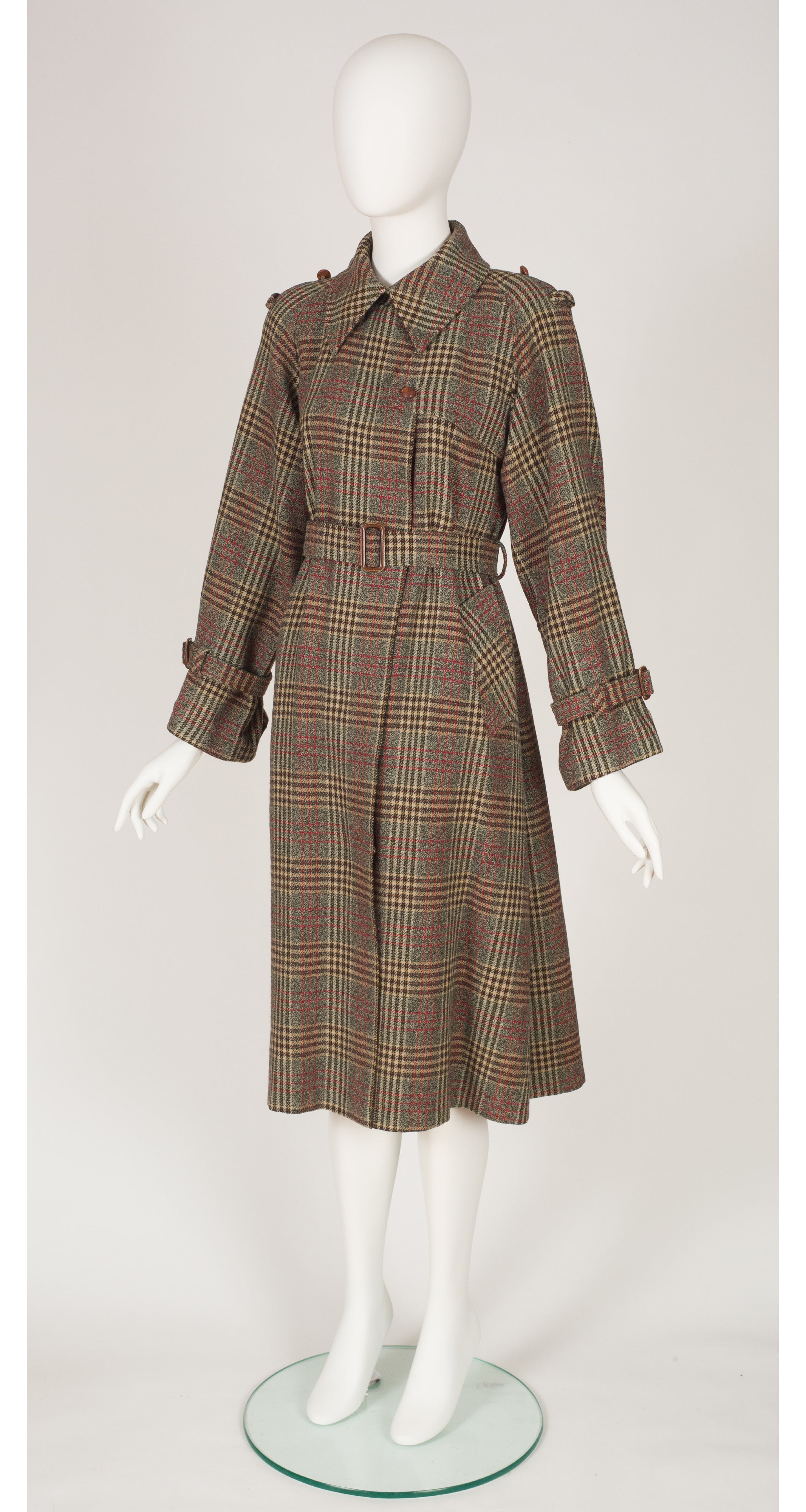 1970s Plaid Wool Rounded Shoulder Trench Coat
