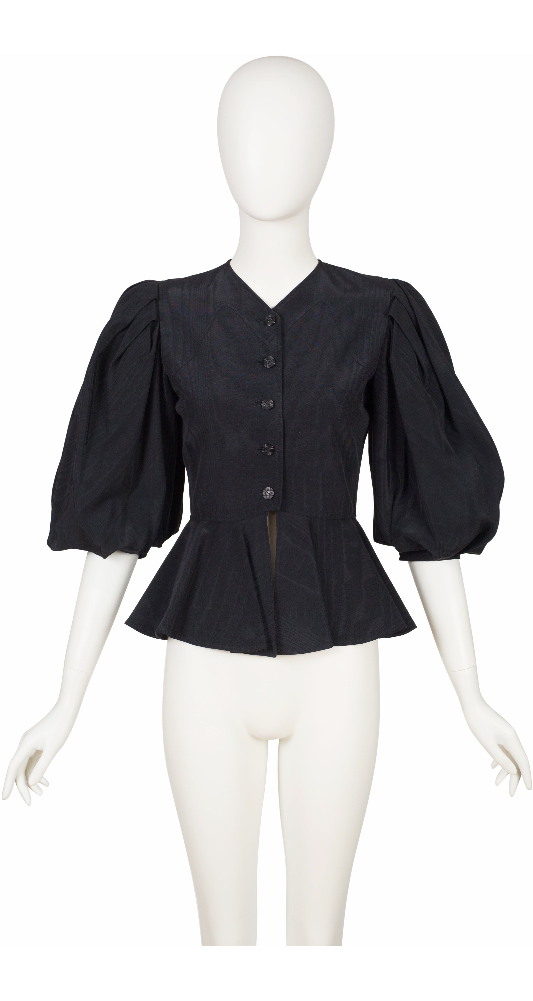 1980s Black Moiré Puff Sleeve Peplum Jacket