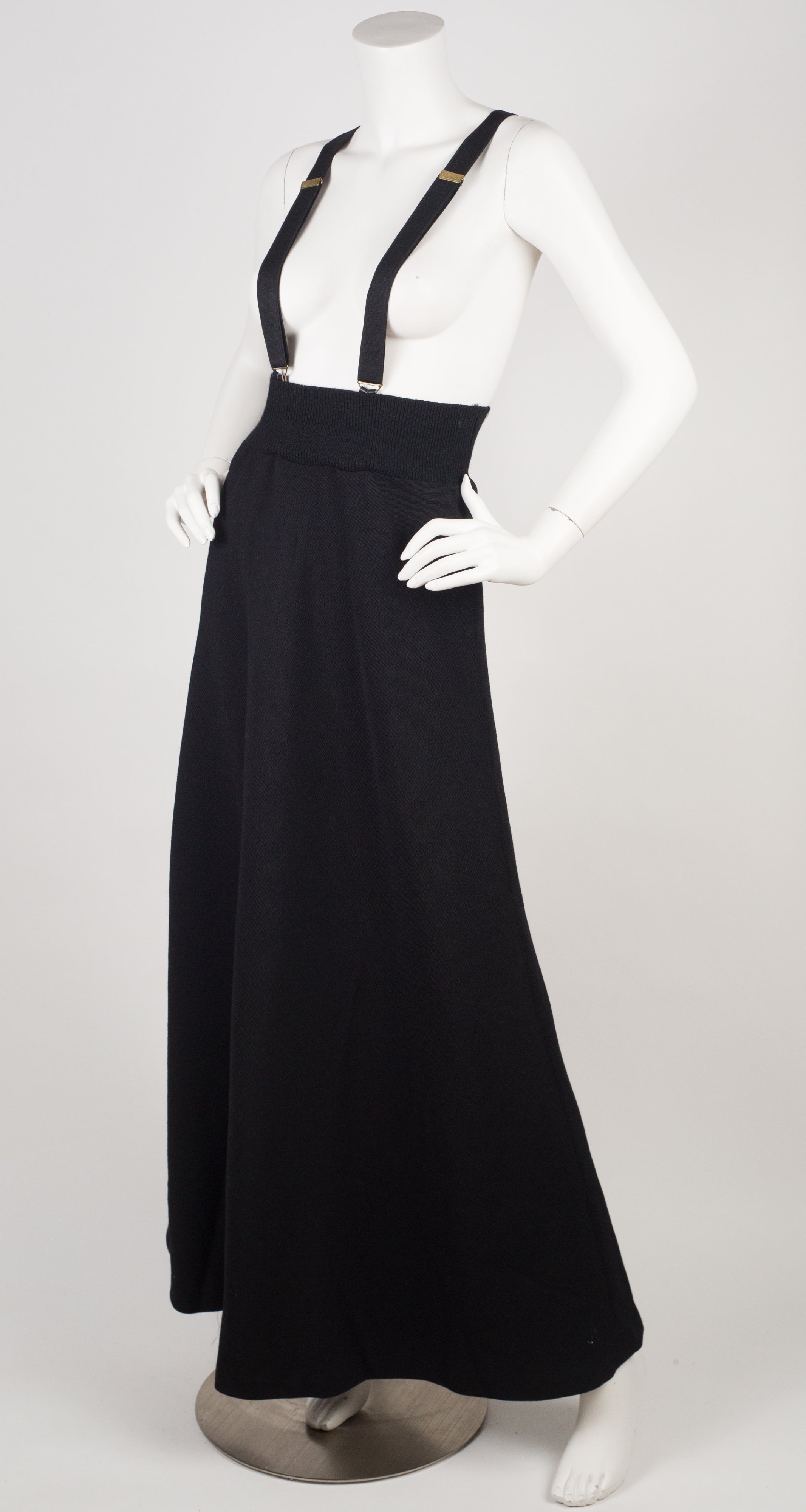 1970s Black Wool Suspender Maxi Skirt