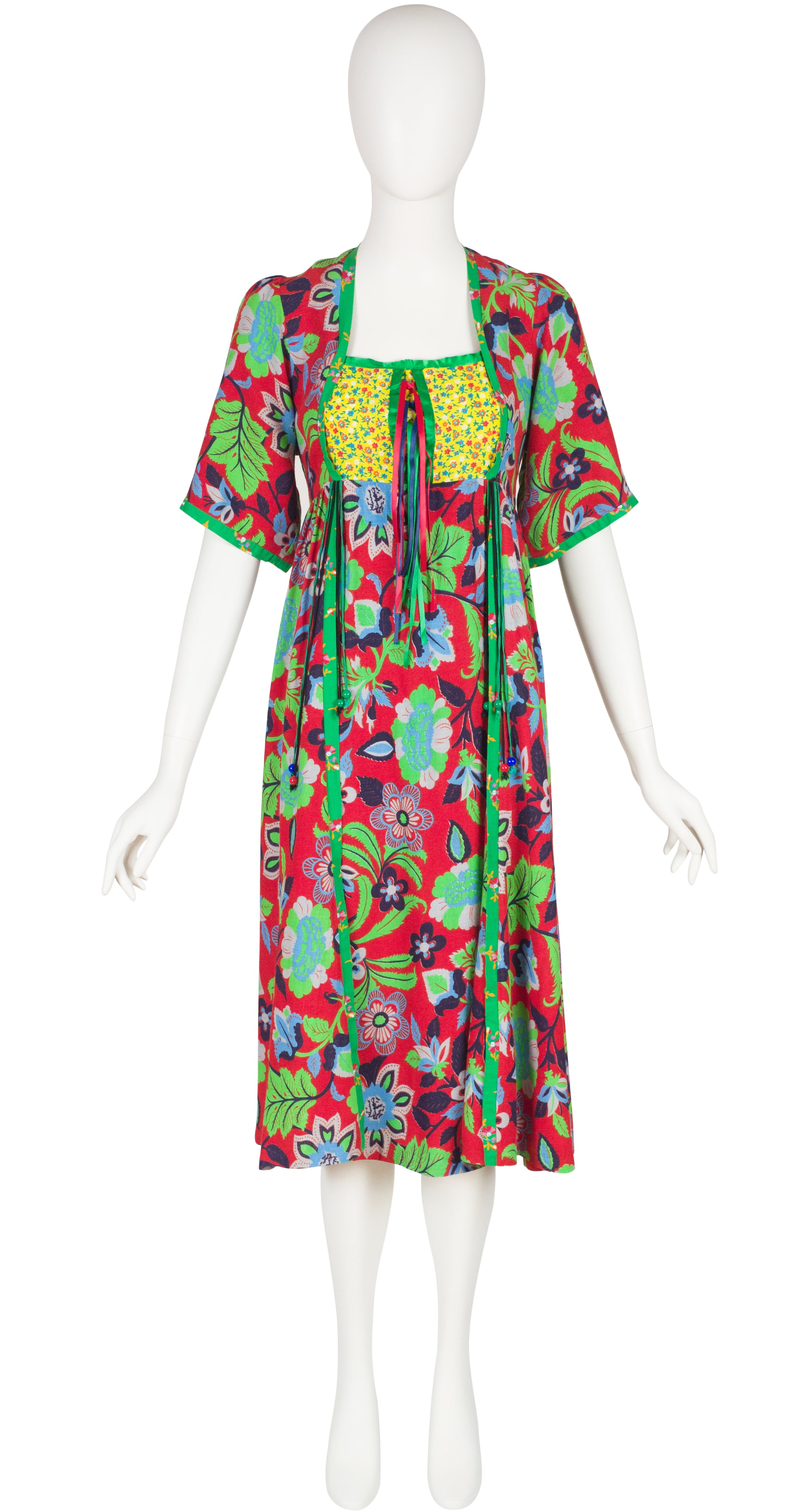 1970s Floral Mixed Print Lace-Up Tassel Bib Dress