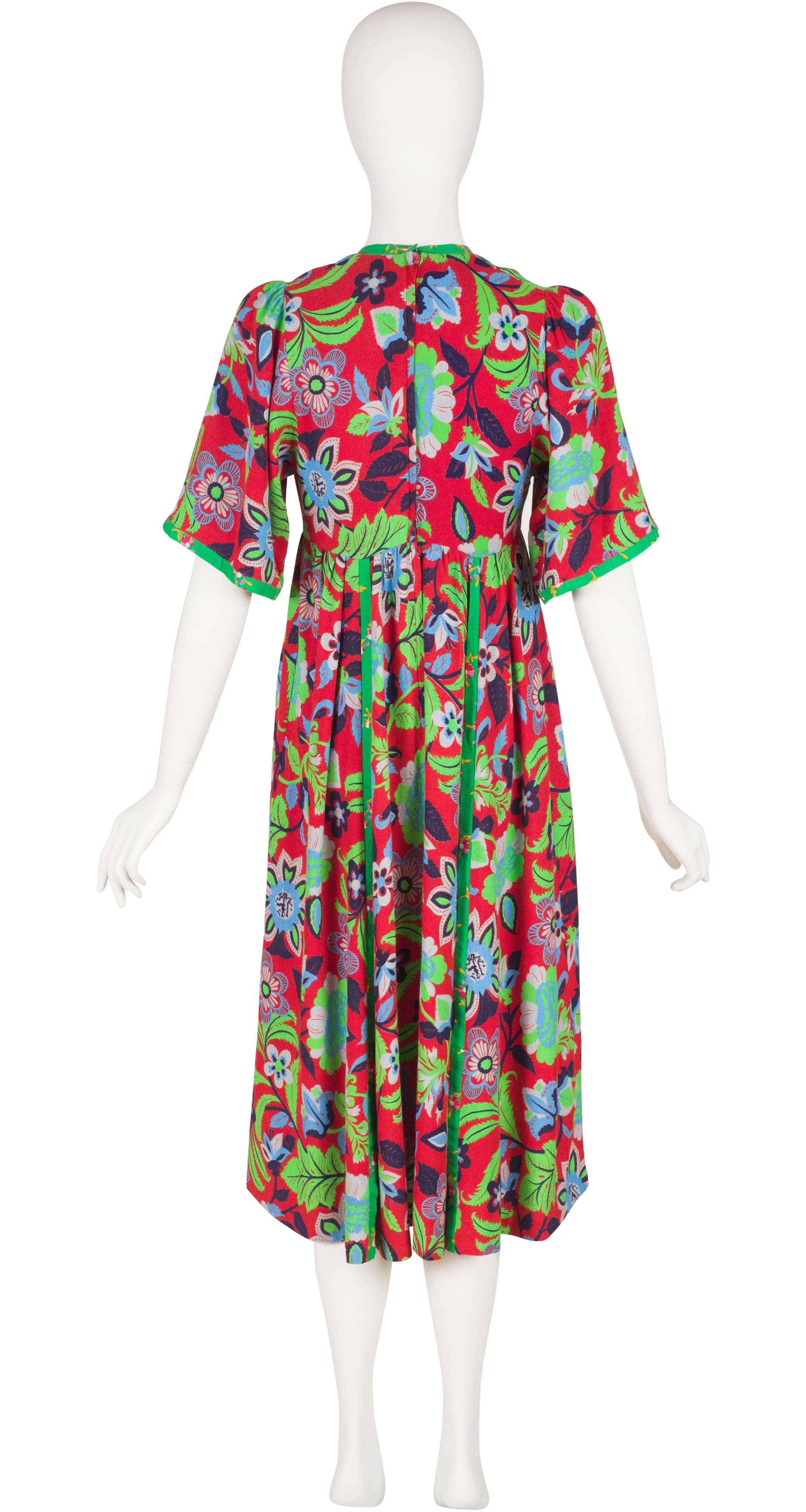 1970s Floral Mixed Print Lace-Up Tassel Bib Dress