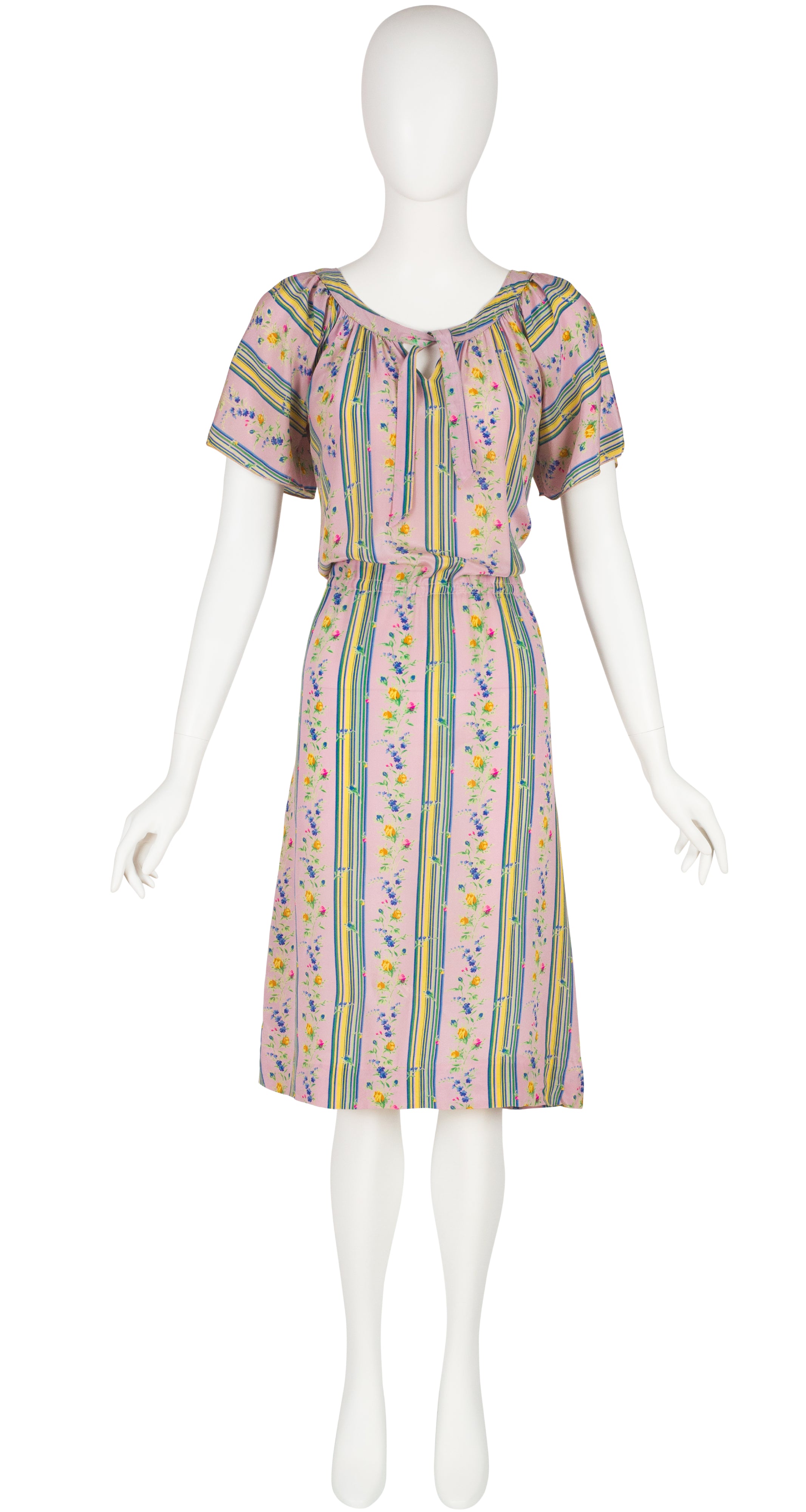 1970s Floral Striped Mauve Silk Dress