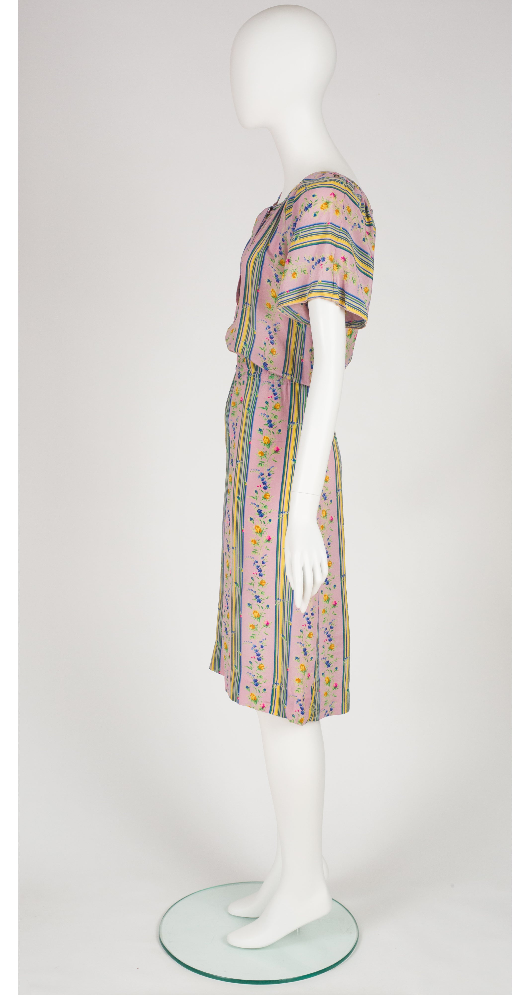 1970s Floral Striped Mauve Silk Dress