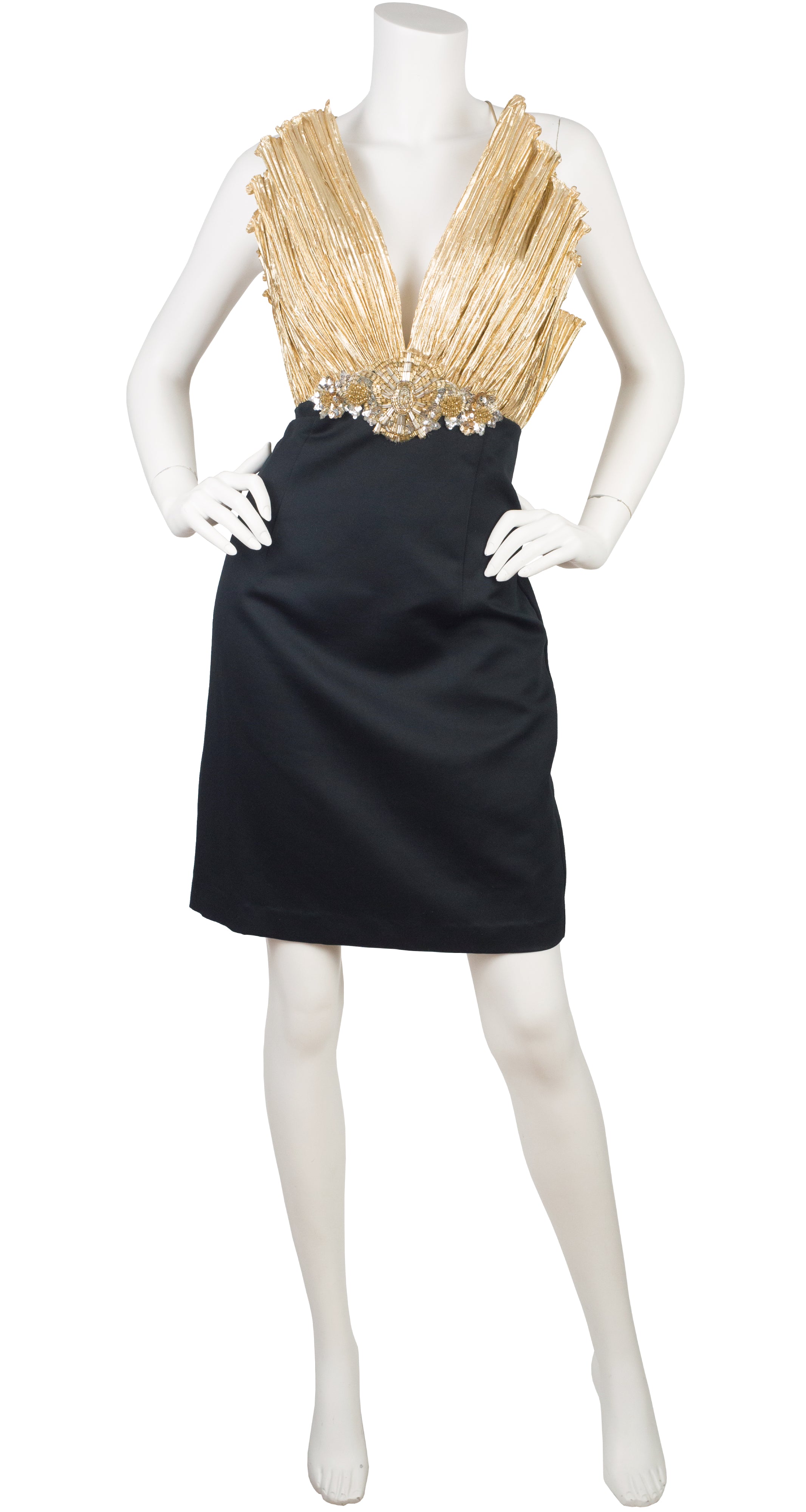 1980s Beaded Gold Lamé Fan Bust Cocktail Dress