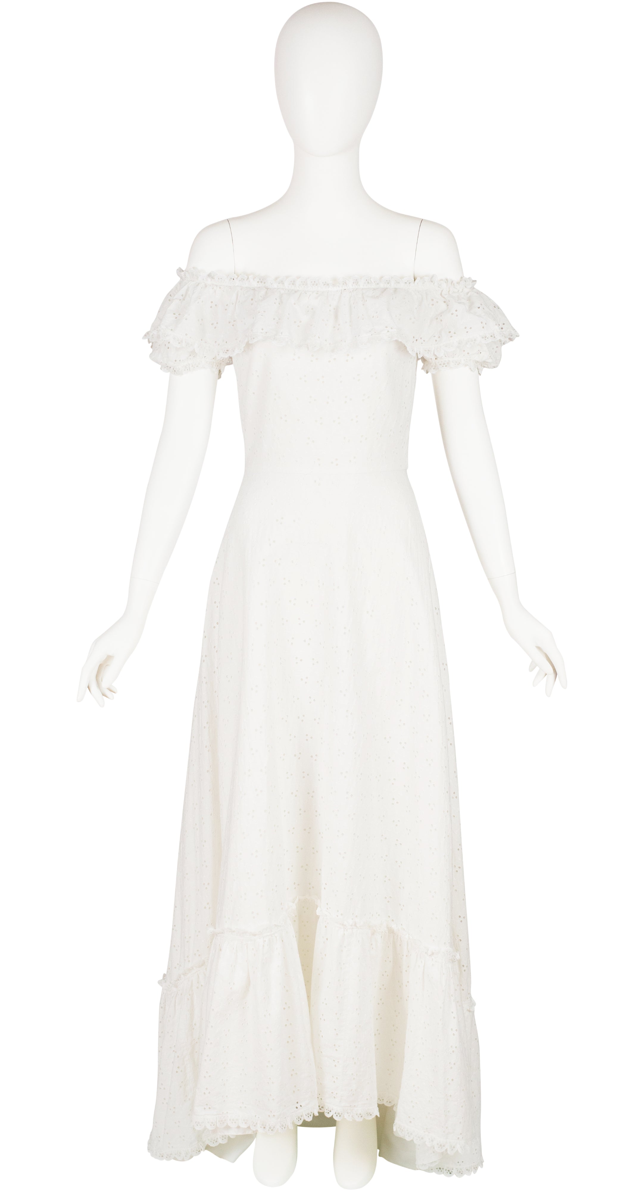 1970s White Eyelet Cotton Ruffle Off-Shoulder Bridal Gown