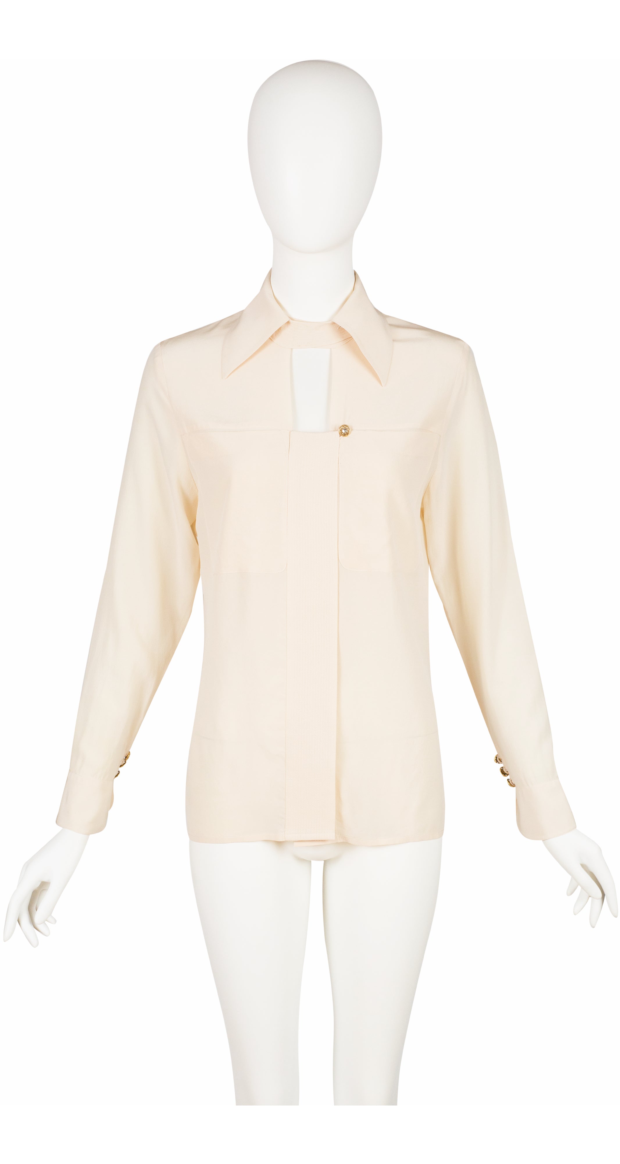 1990s Cream Silk Peekaboo Collared Blouse