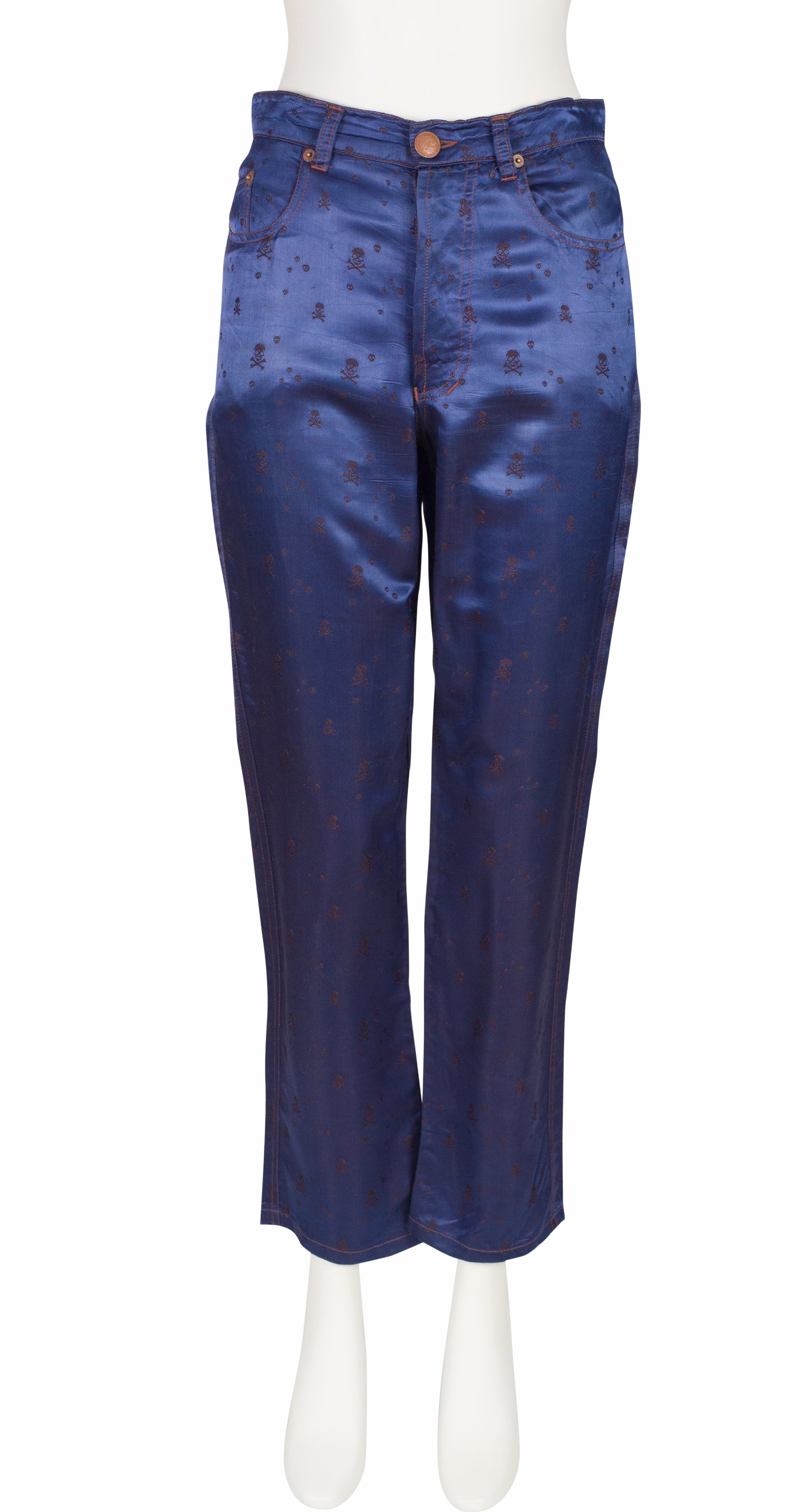 1990s Skull & Crossbones Print Blue Jacquard Satin Pants