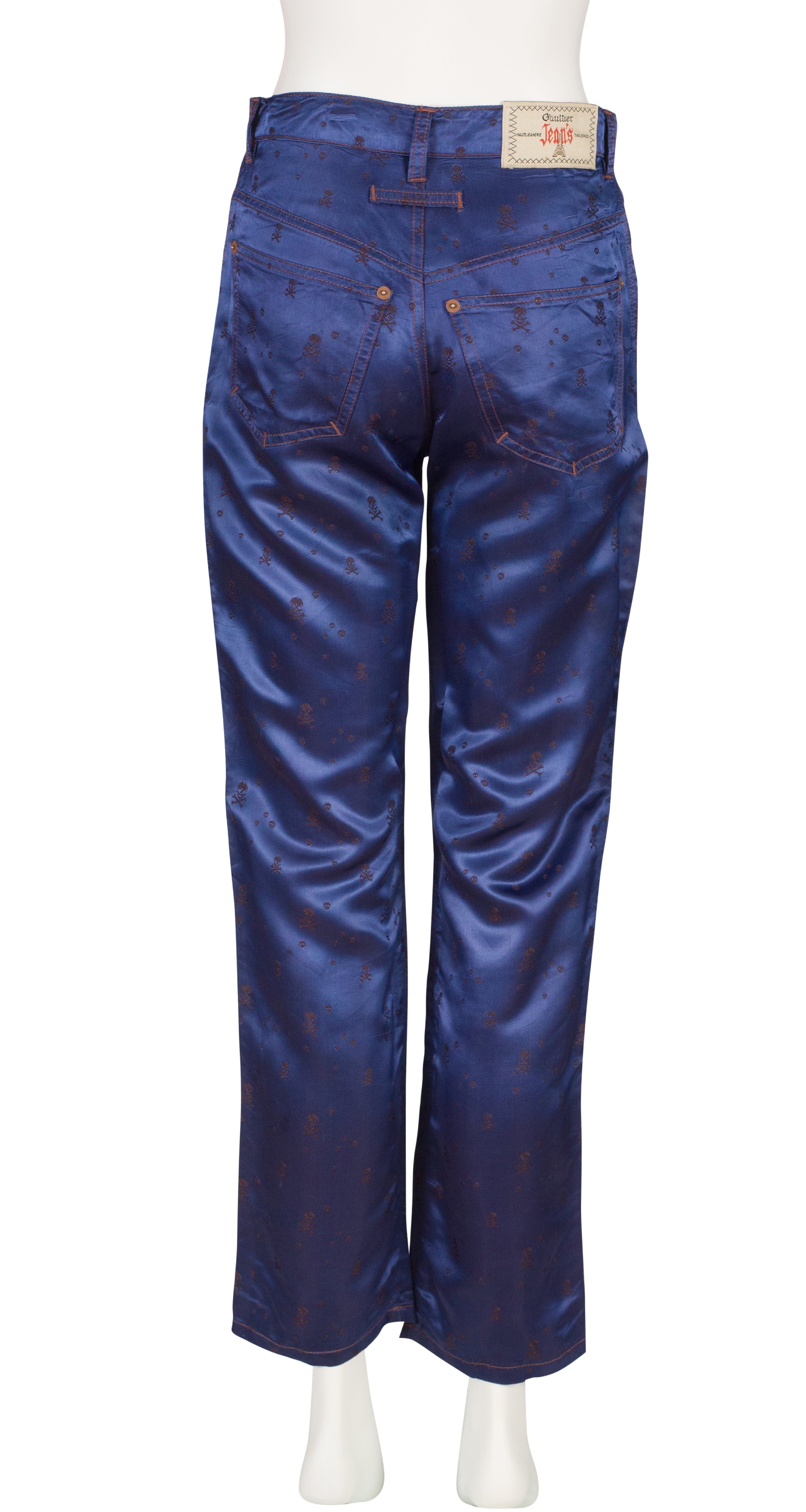 1990s Skull & Crossbones Print Blue Jacquard Satin Pants