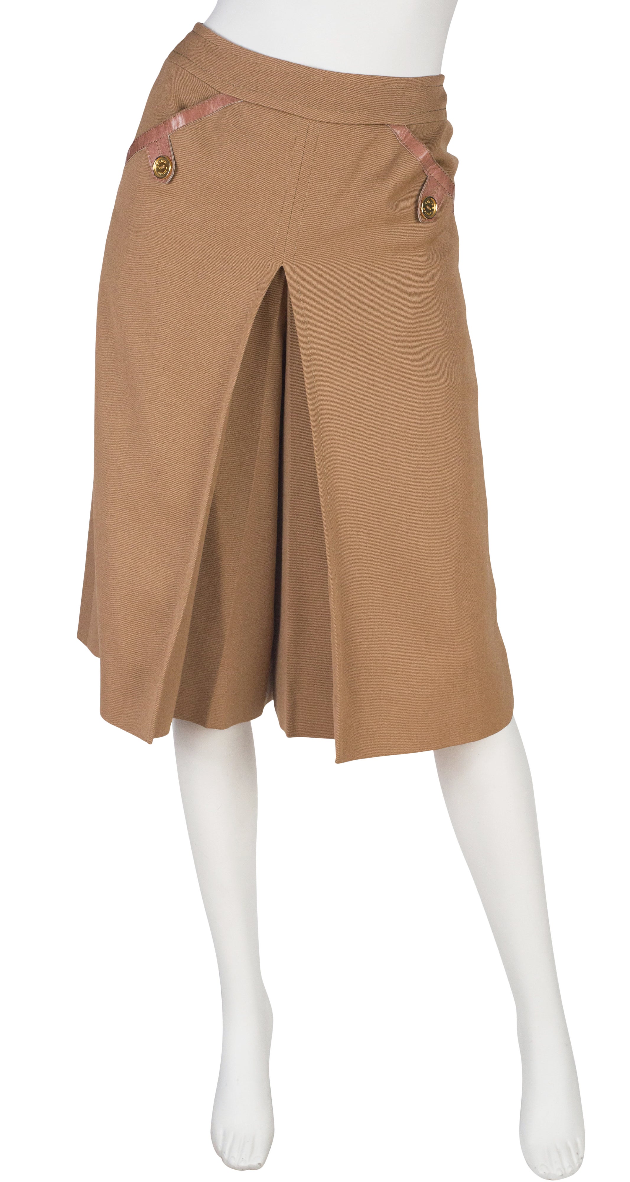 1970s Tan Wool Gabardine & Leather Culottes