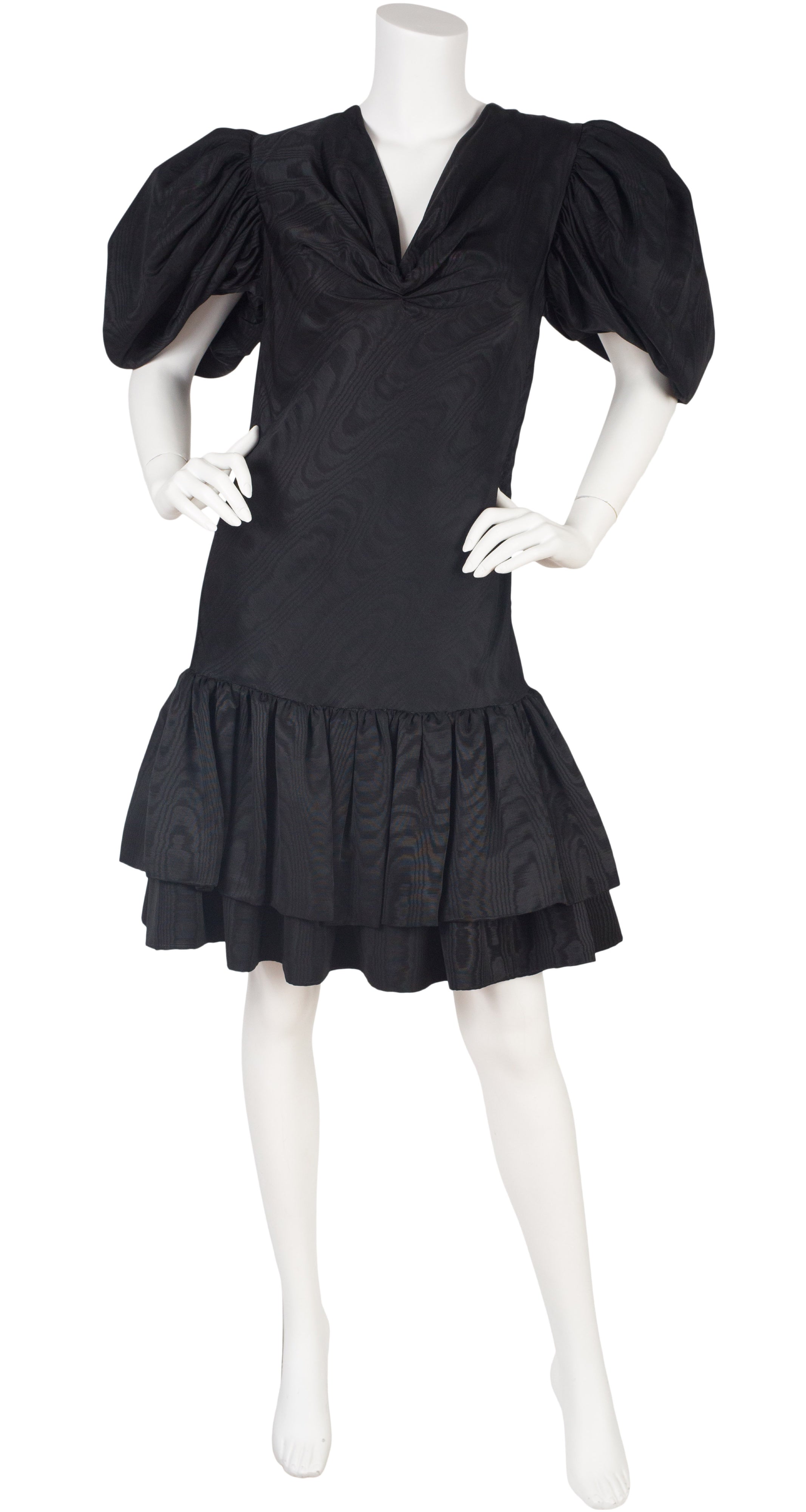 1980s Black Moire Taffeta Party Dress