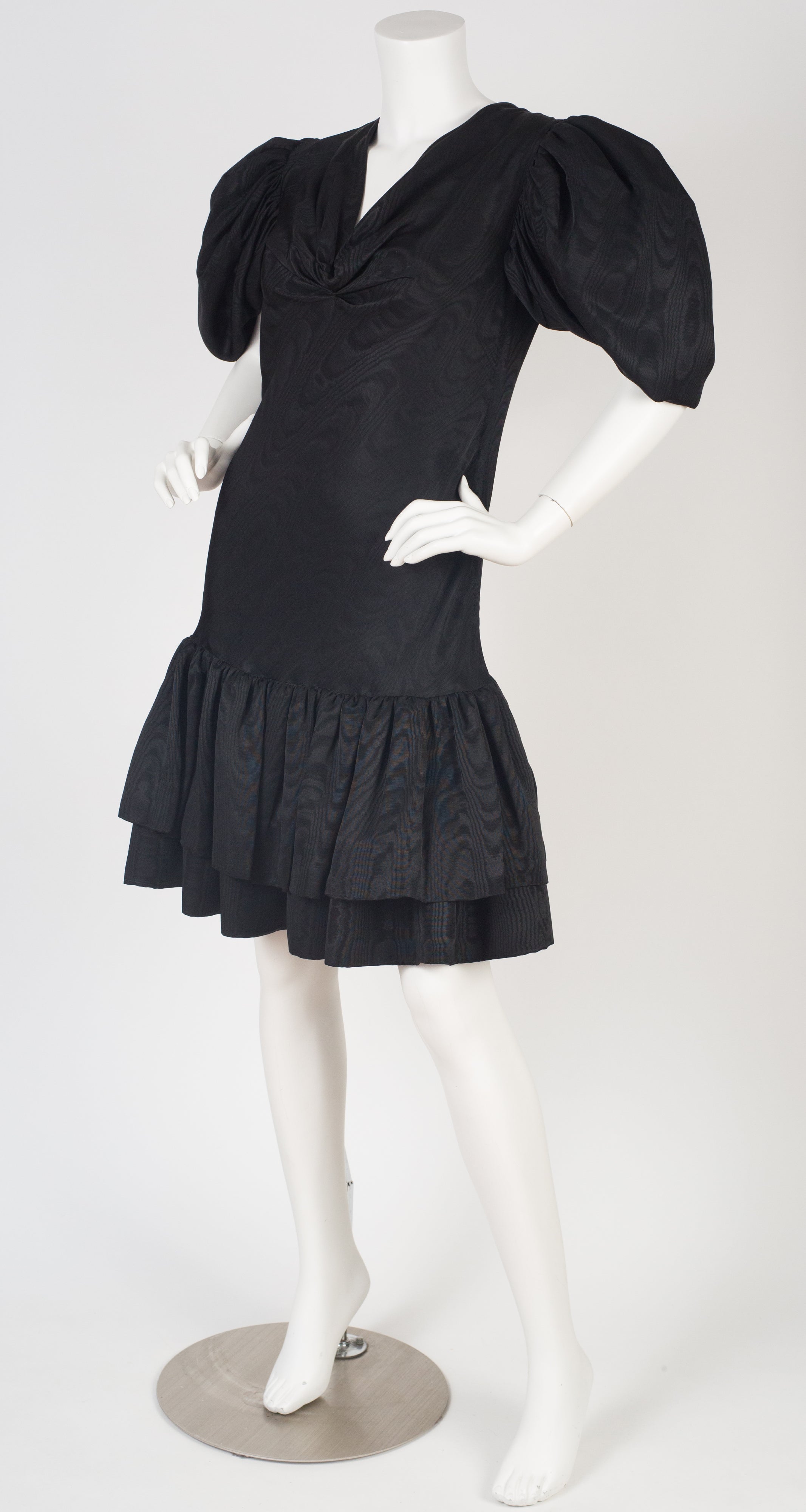 1980s Black Moire Taffeta Party Dress