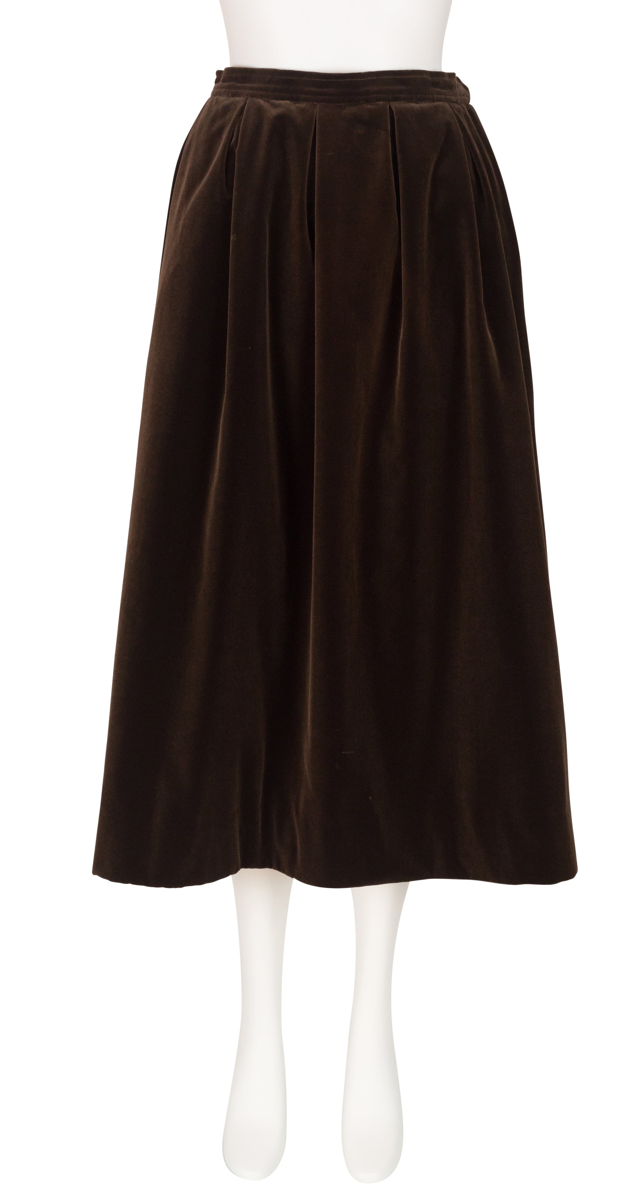 1970s Dark Brown Cotton Velvet Pleated Midi Skirt