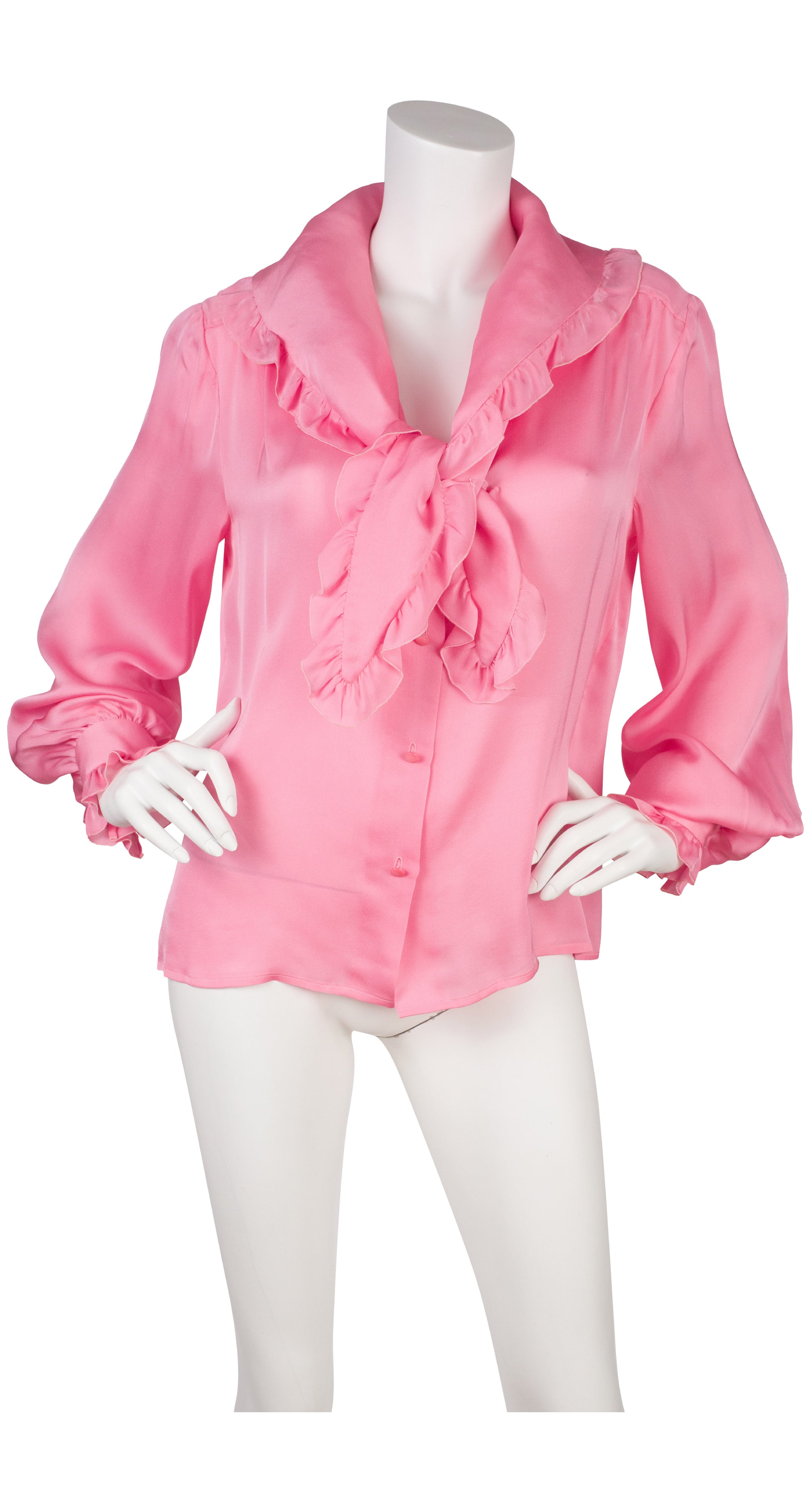 1970s Pink Silk Ruffle Tie-Neck Blouse