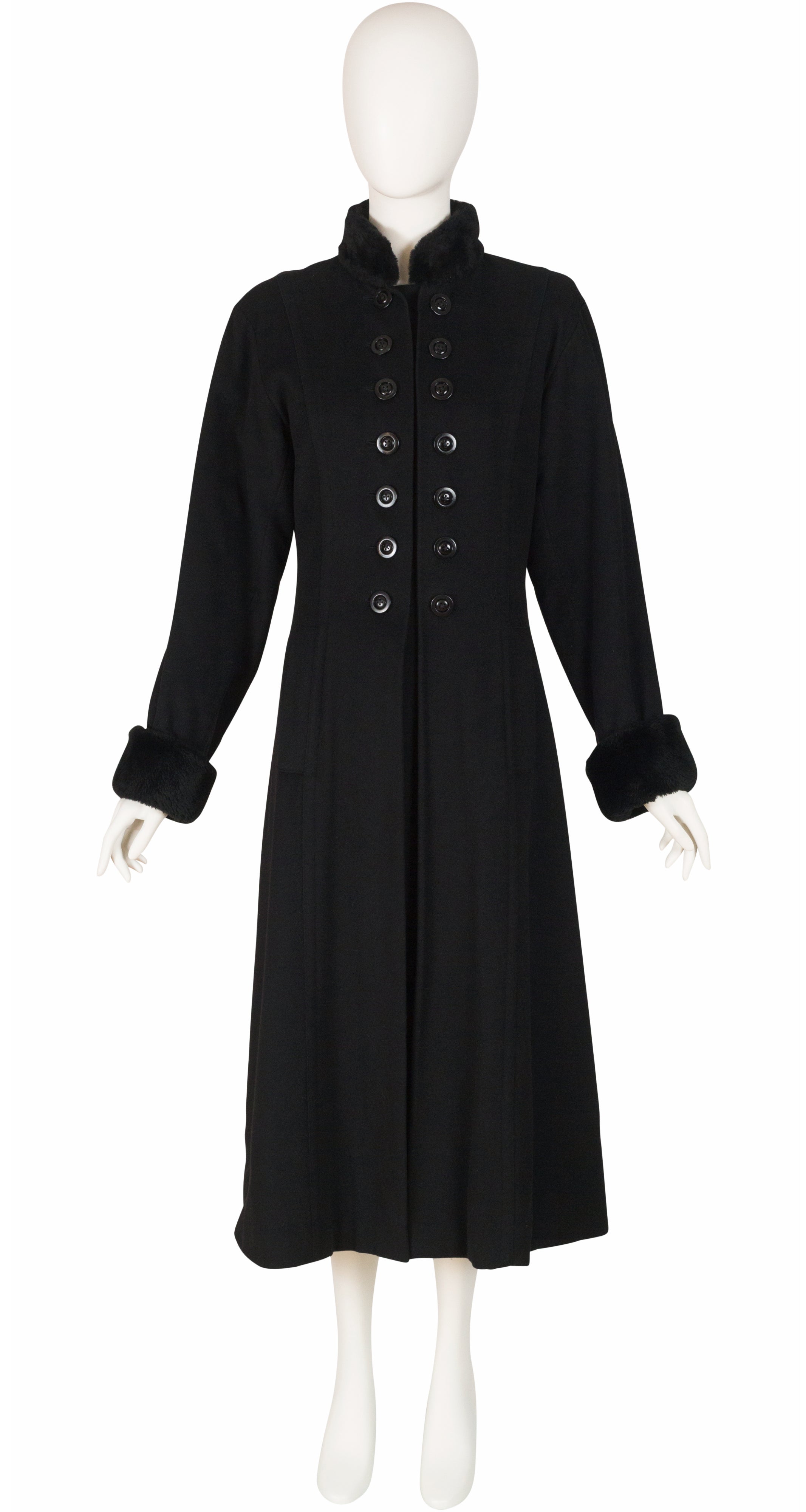 1980s Black Cashmere Fur Trim Double-Breasted Coat