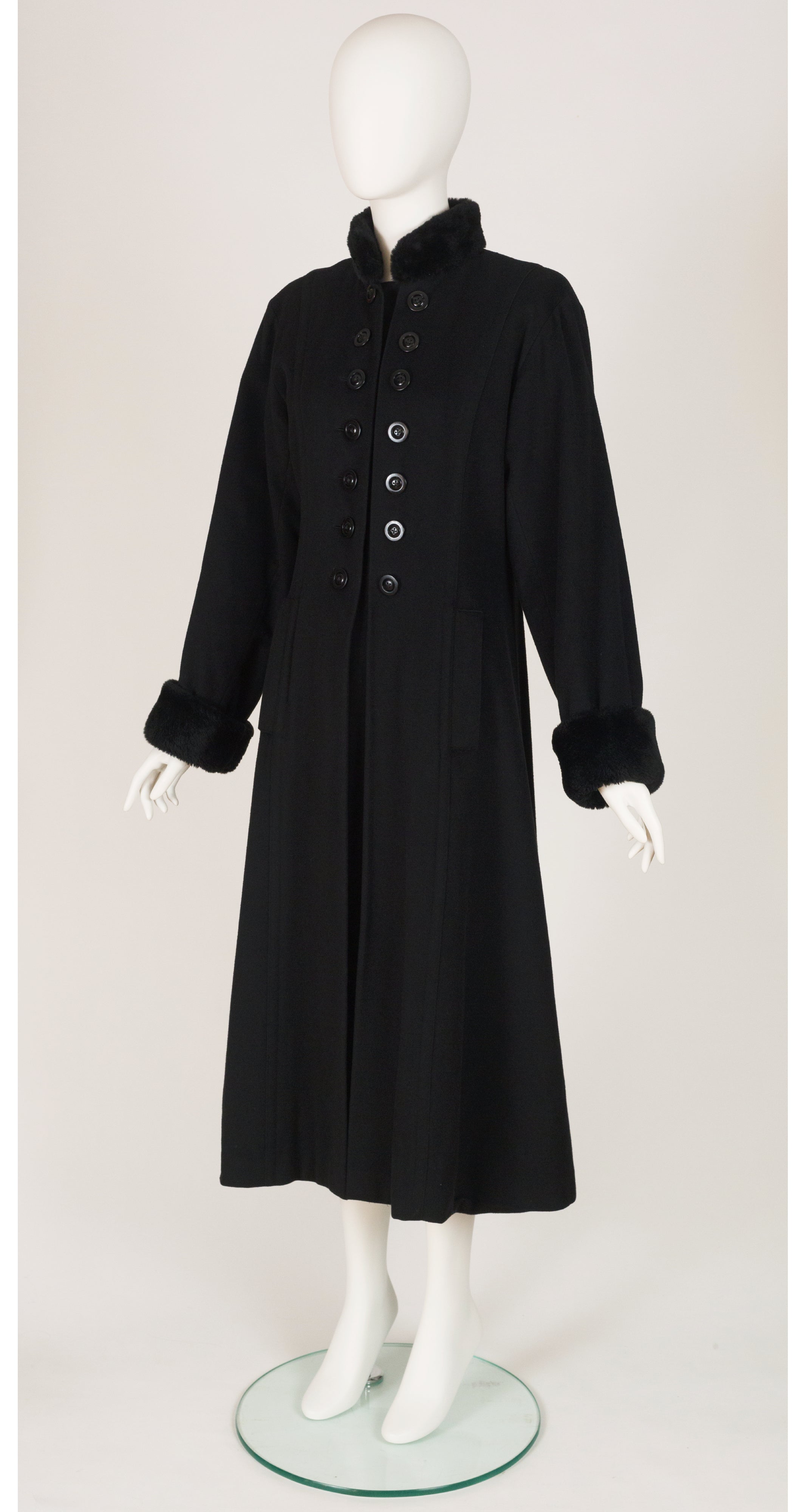 1980s Black Cashmere Fur Trim Double-Breasted Coat