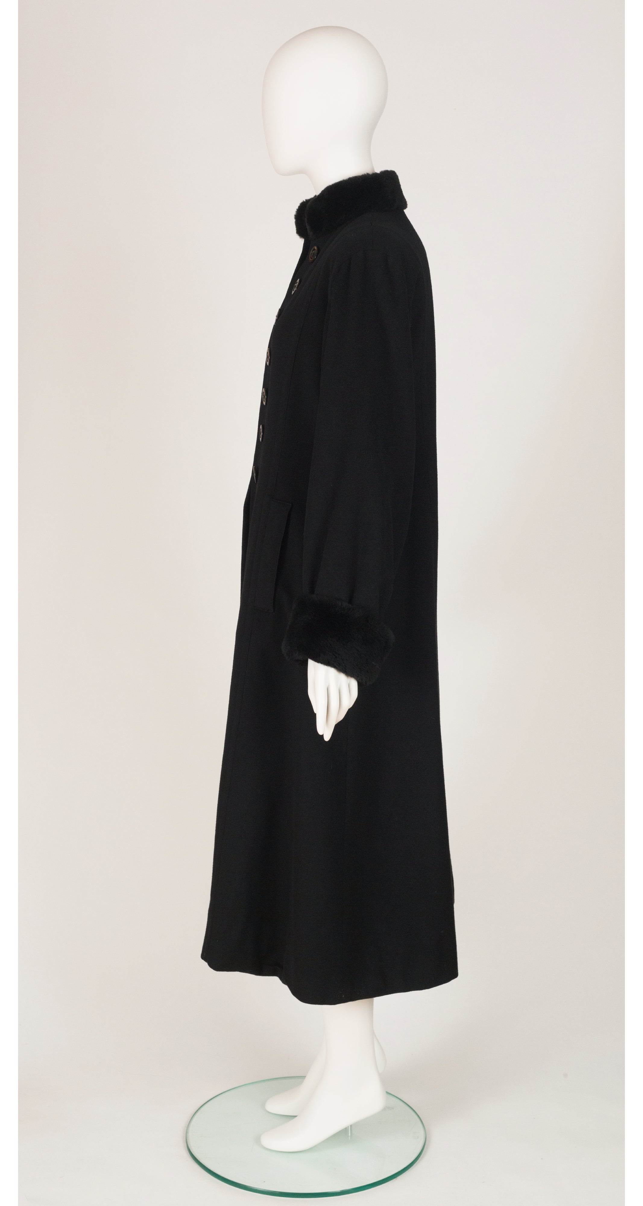 1980s Black Cashmere Fur Trim Double-Breasted Coat