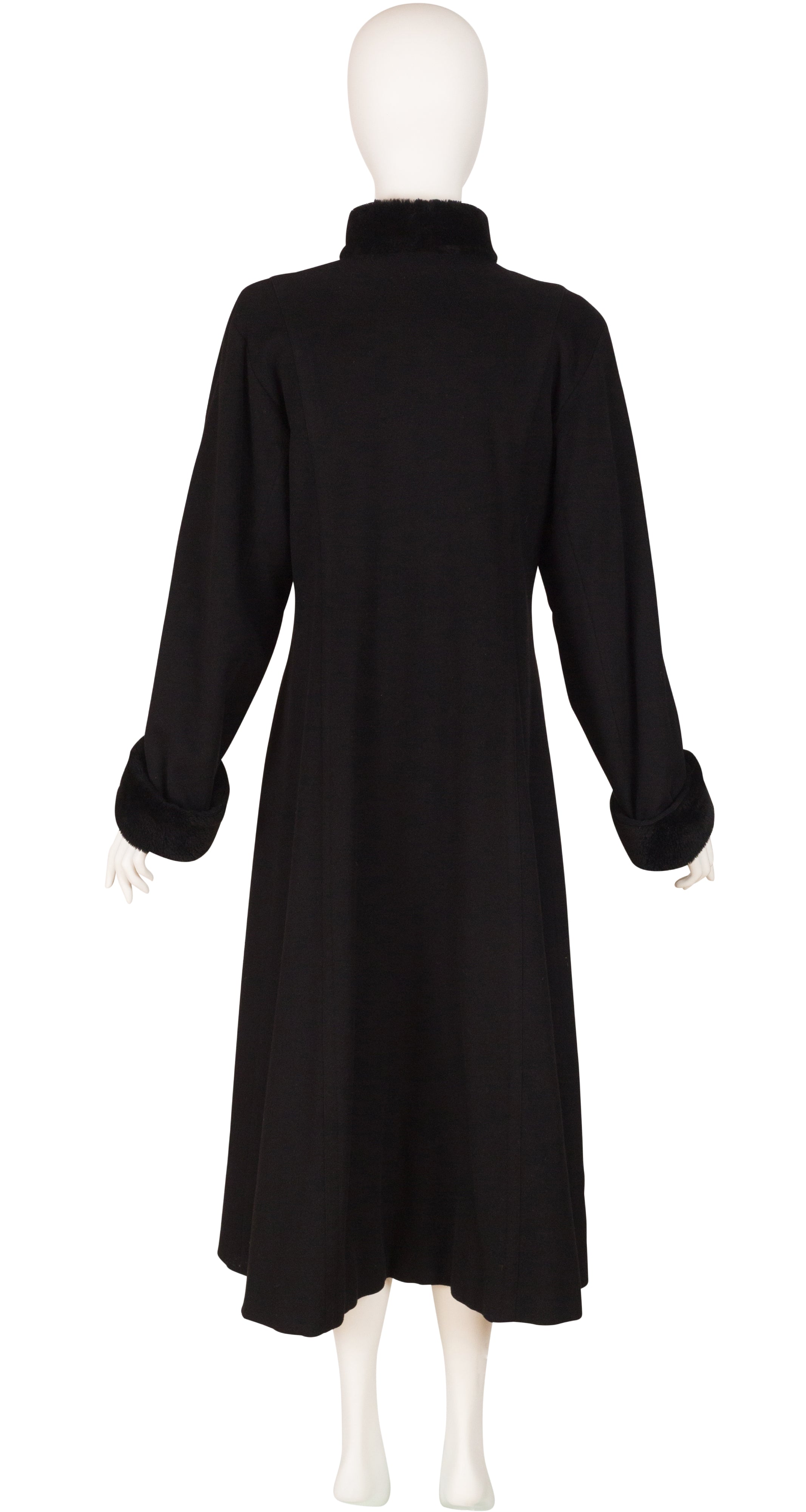 1980s Black Cashmere Fur Trim Double-Breasted Coat