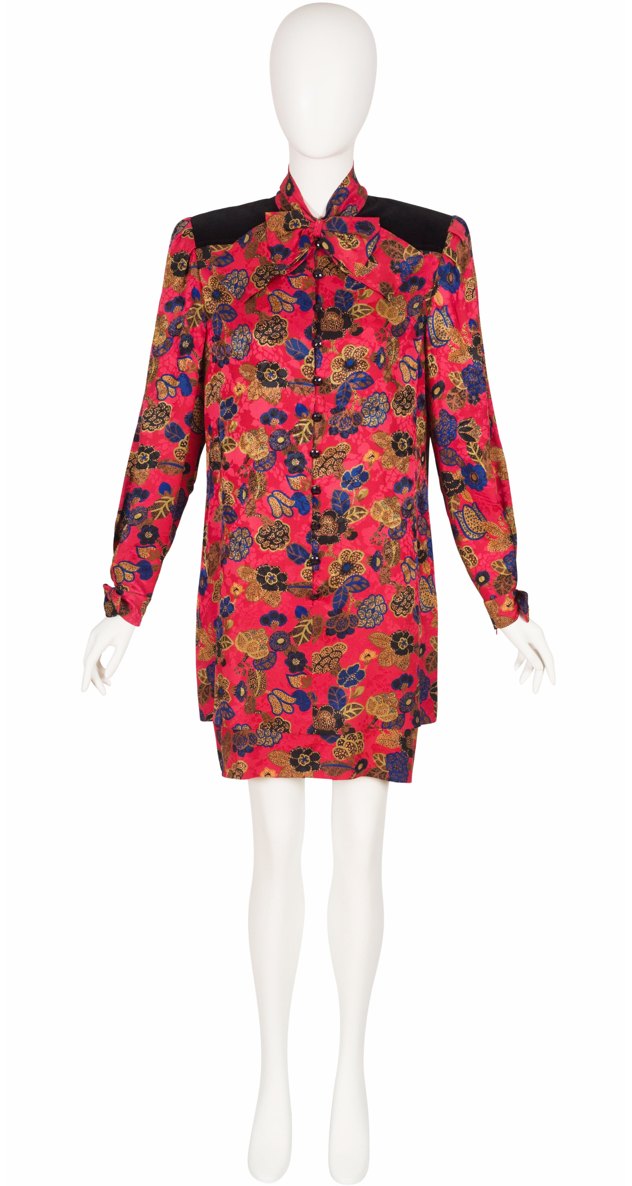 1980s Floral Silk Jacquard & Velvet Bow Dress
