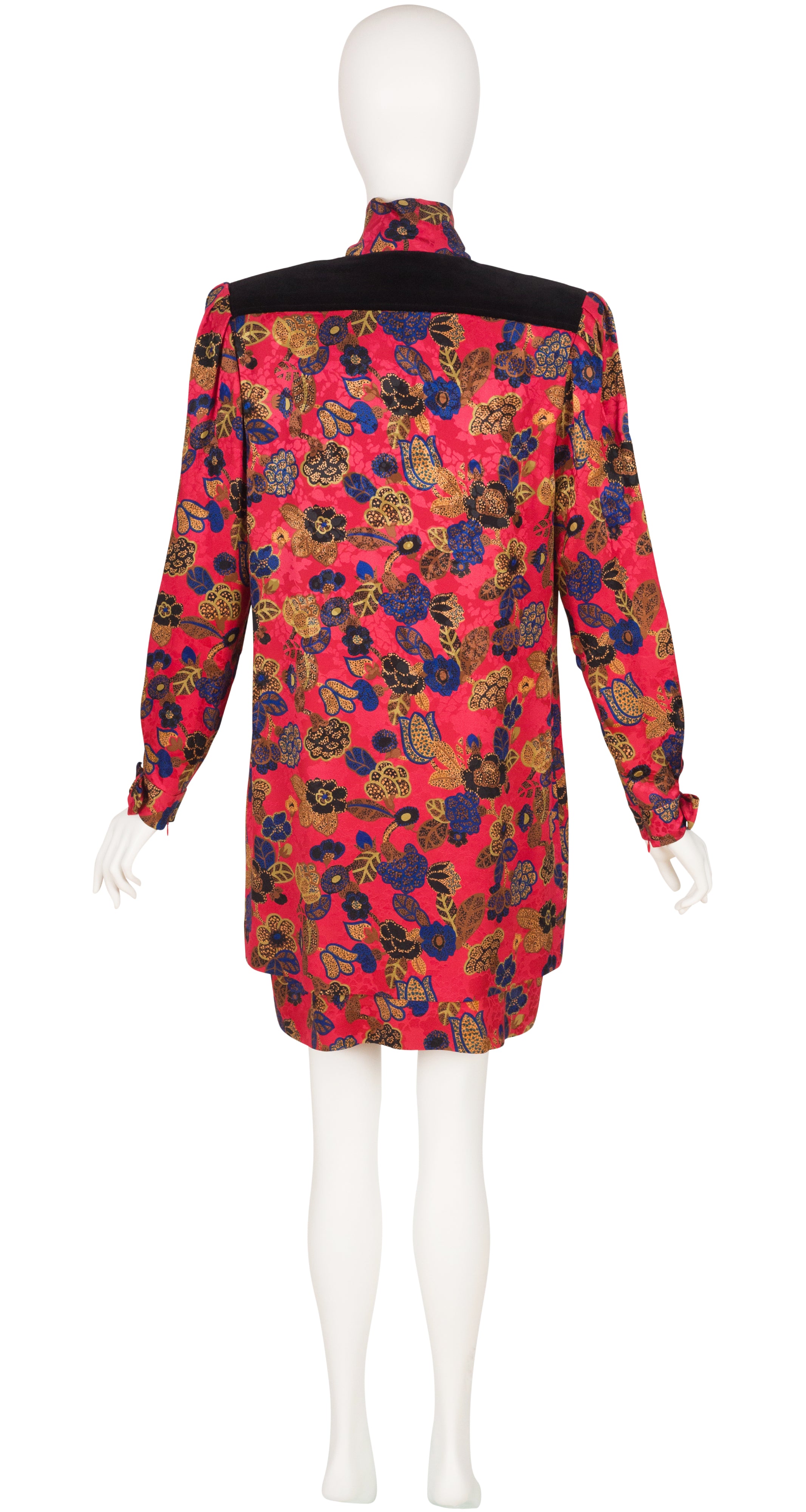 1980s Floral Silk Jacquard & Velvet Bow Dress