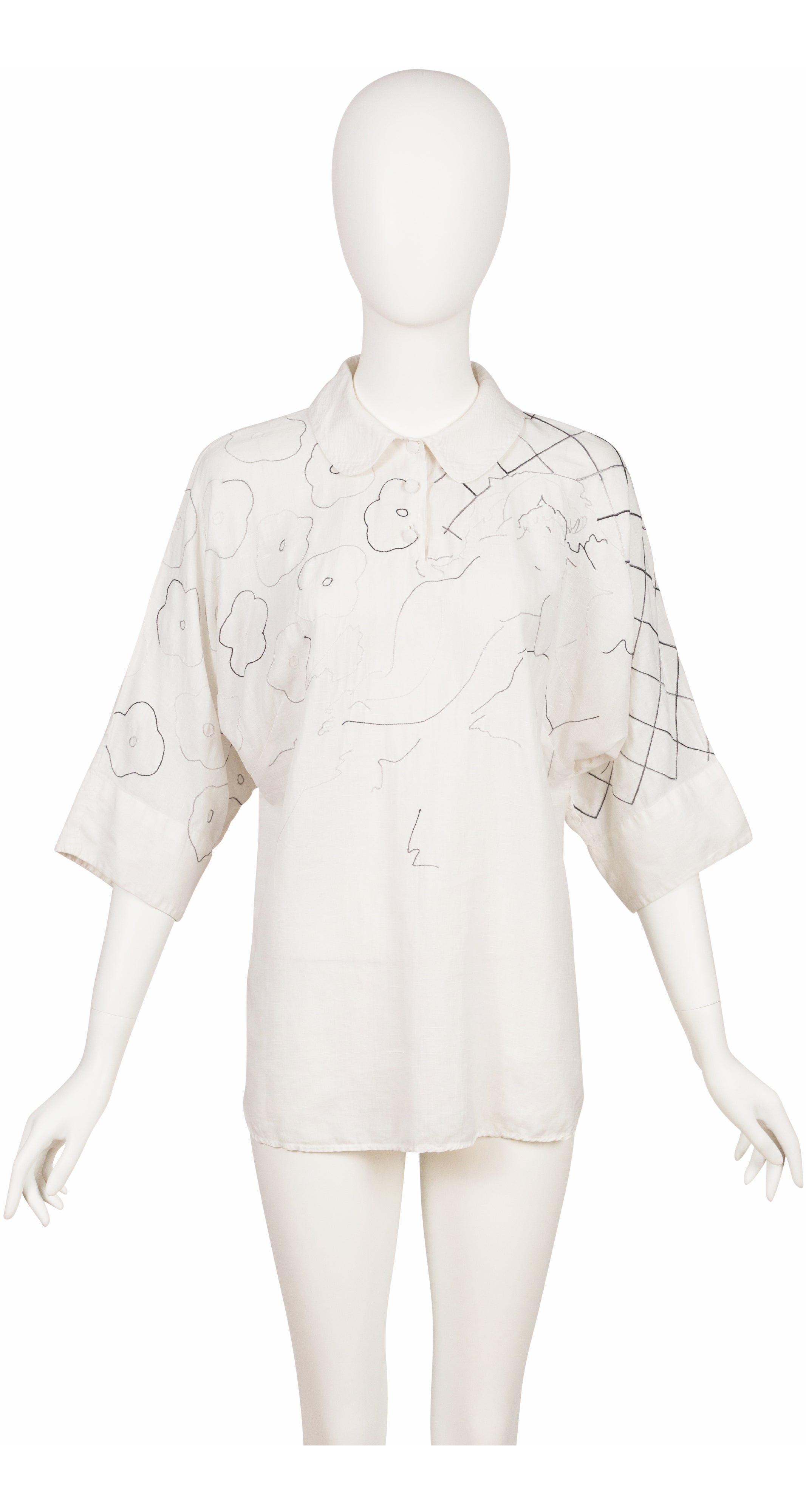 1970s Embroidered Woman Line Drawing White Blouse