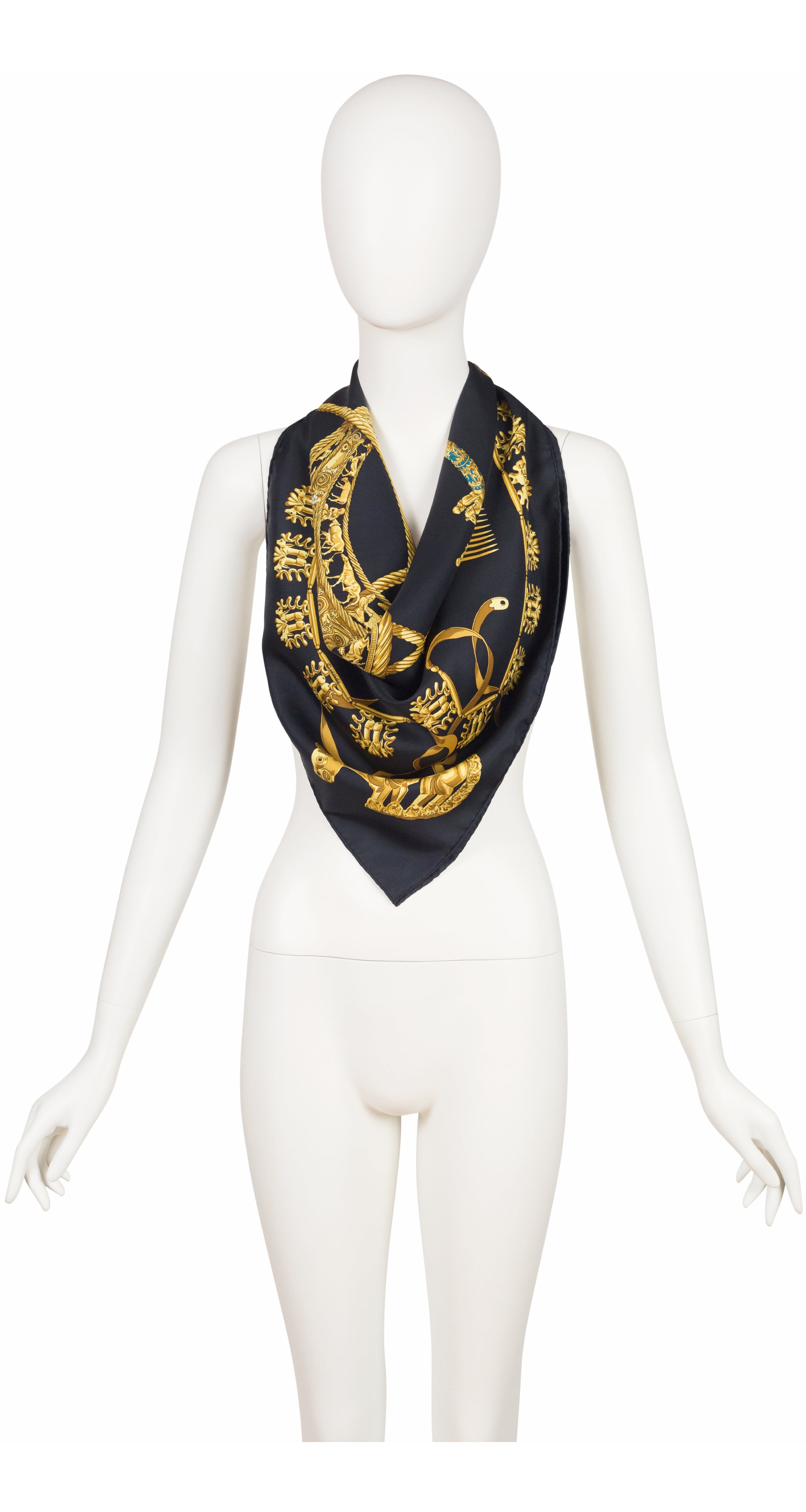 1975 "Les Cavaliers D'Or" by Rybal 90cm Scythian Jewelry Black Silk Twill Scarf