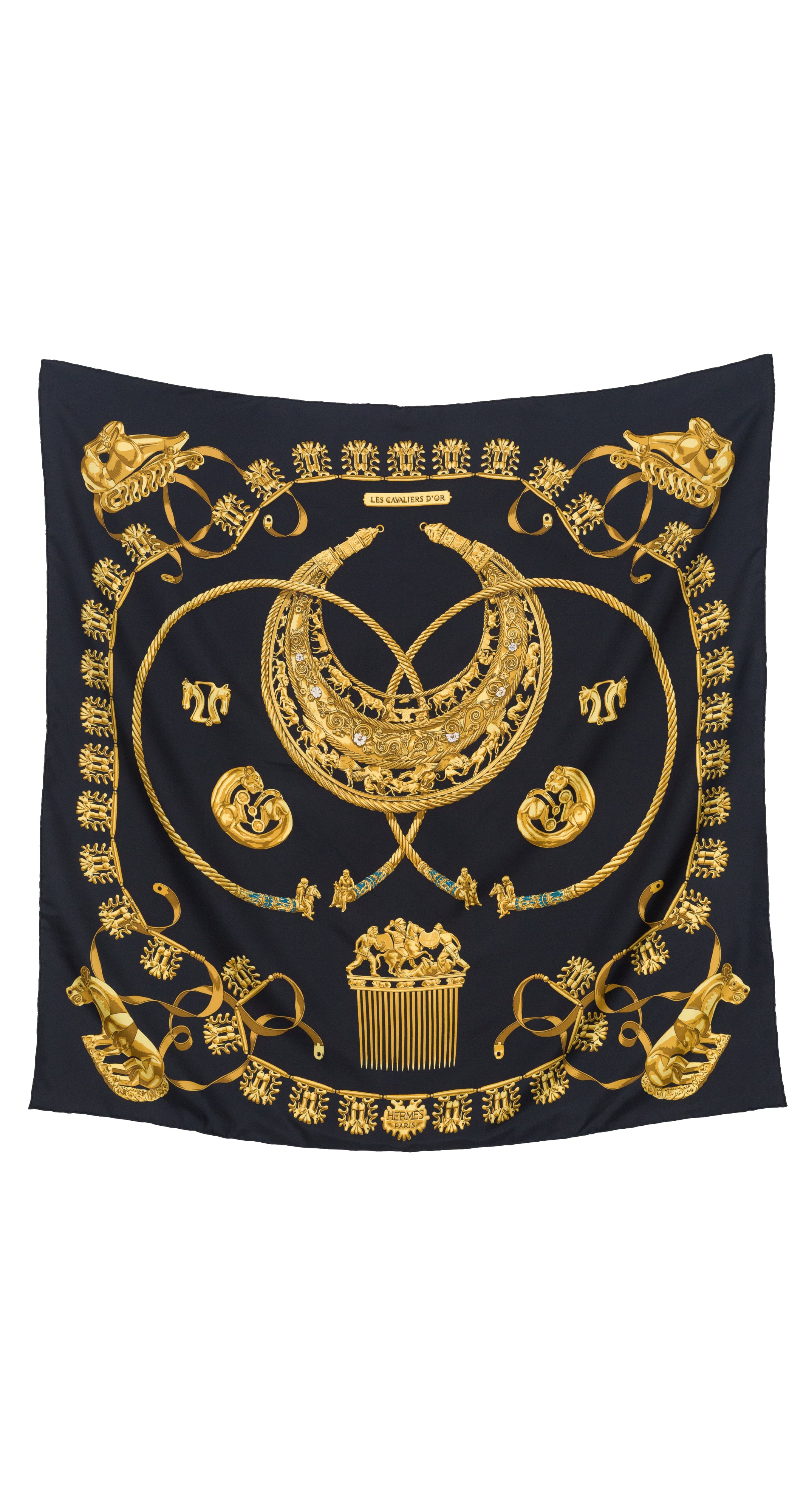 1975 "Les Cavaliers D'Or" by Rybal 90cm Scythian Jewelry Black Silk Twill Scarf