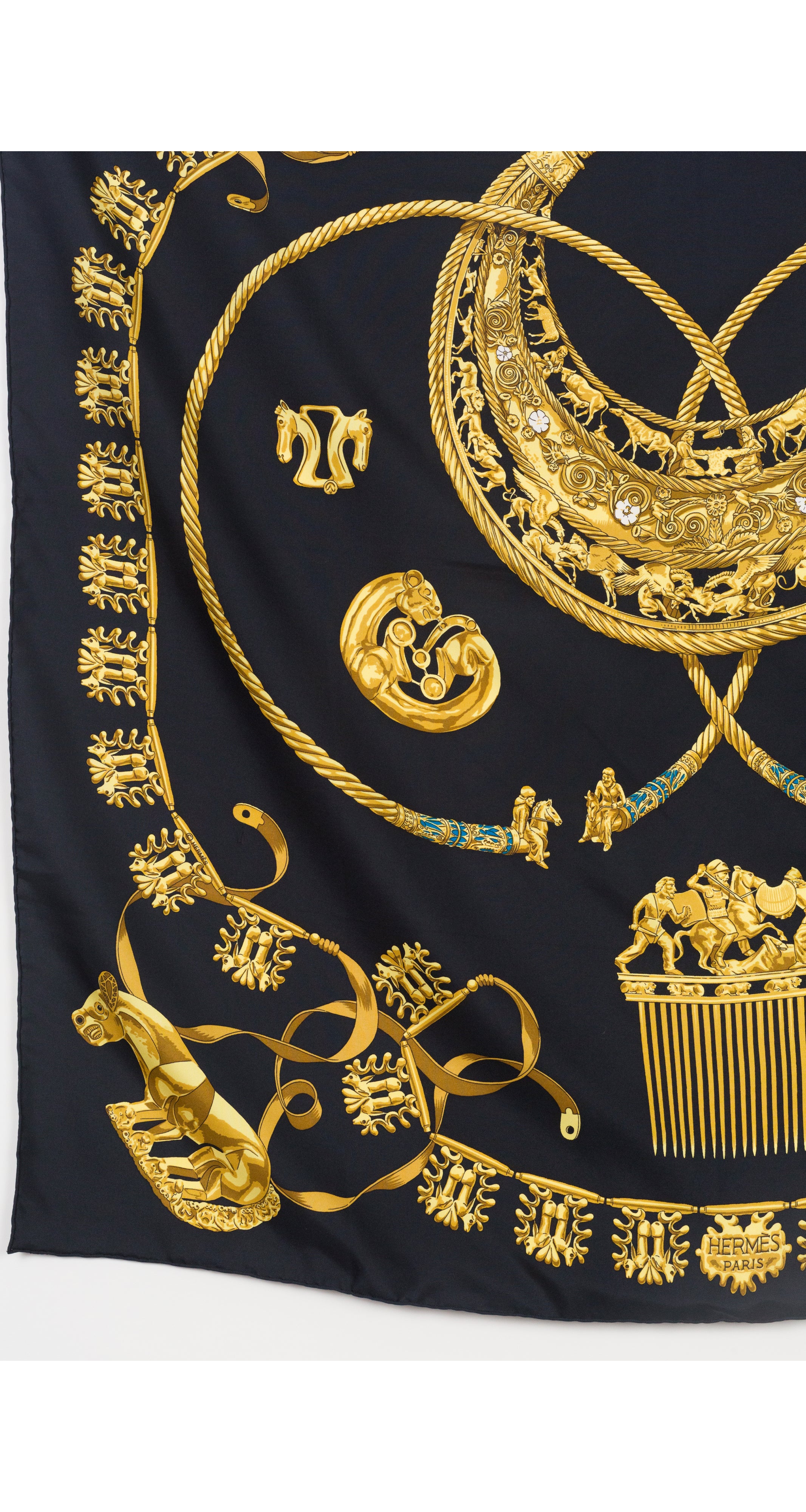 1975 "Les Cavaliers D'Or" by Rybal 90cm Scythian Jewelry Black Silk Twill Scarf
