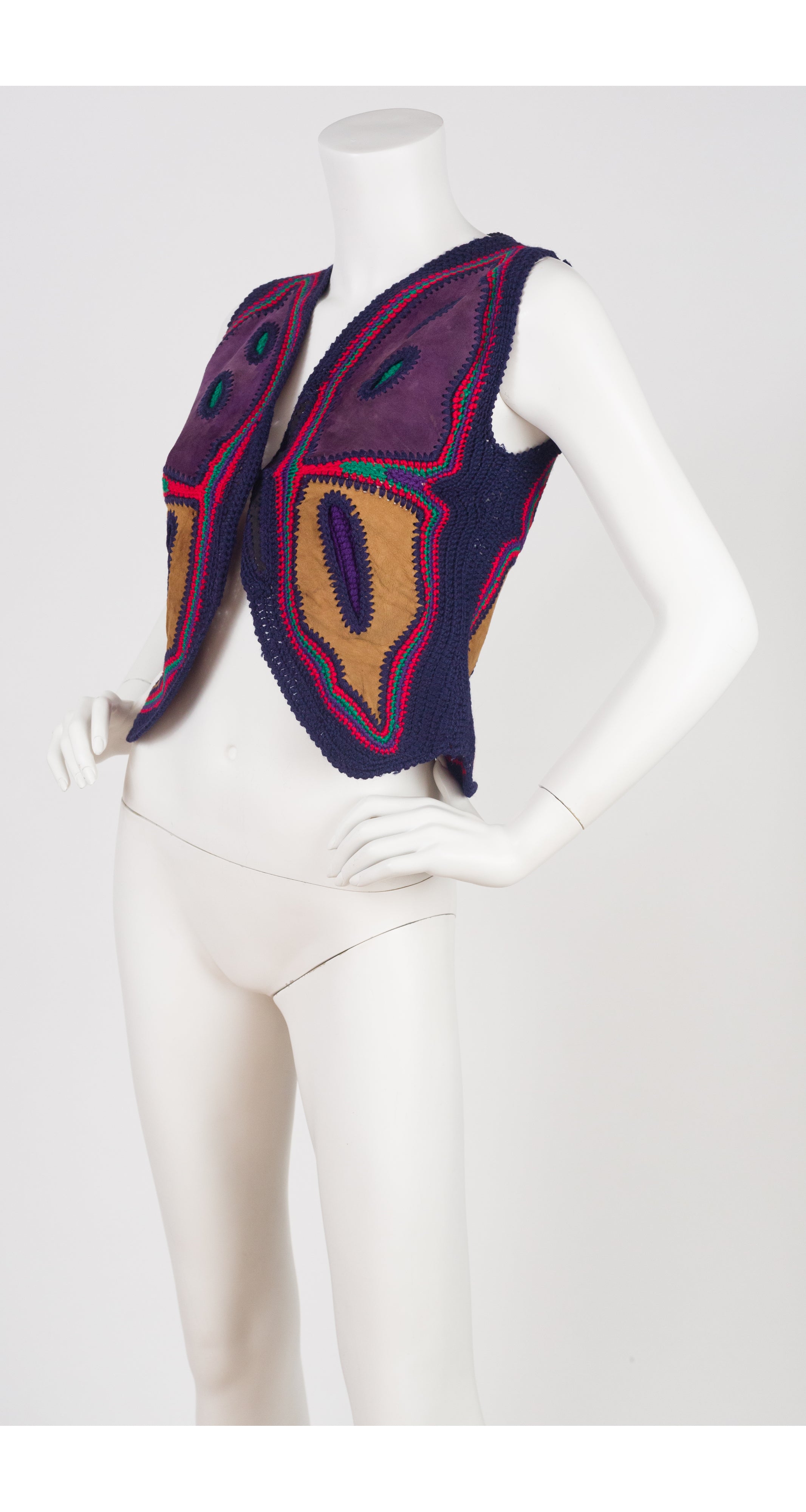 1970s Butterfly Suede & Wool Crochet Vest