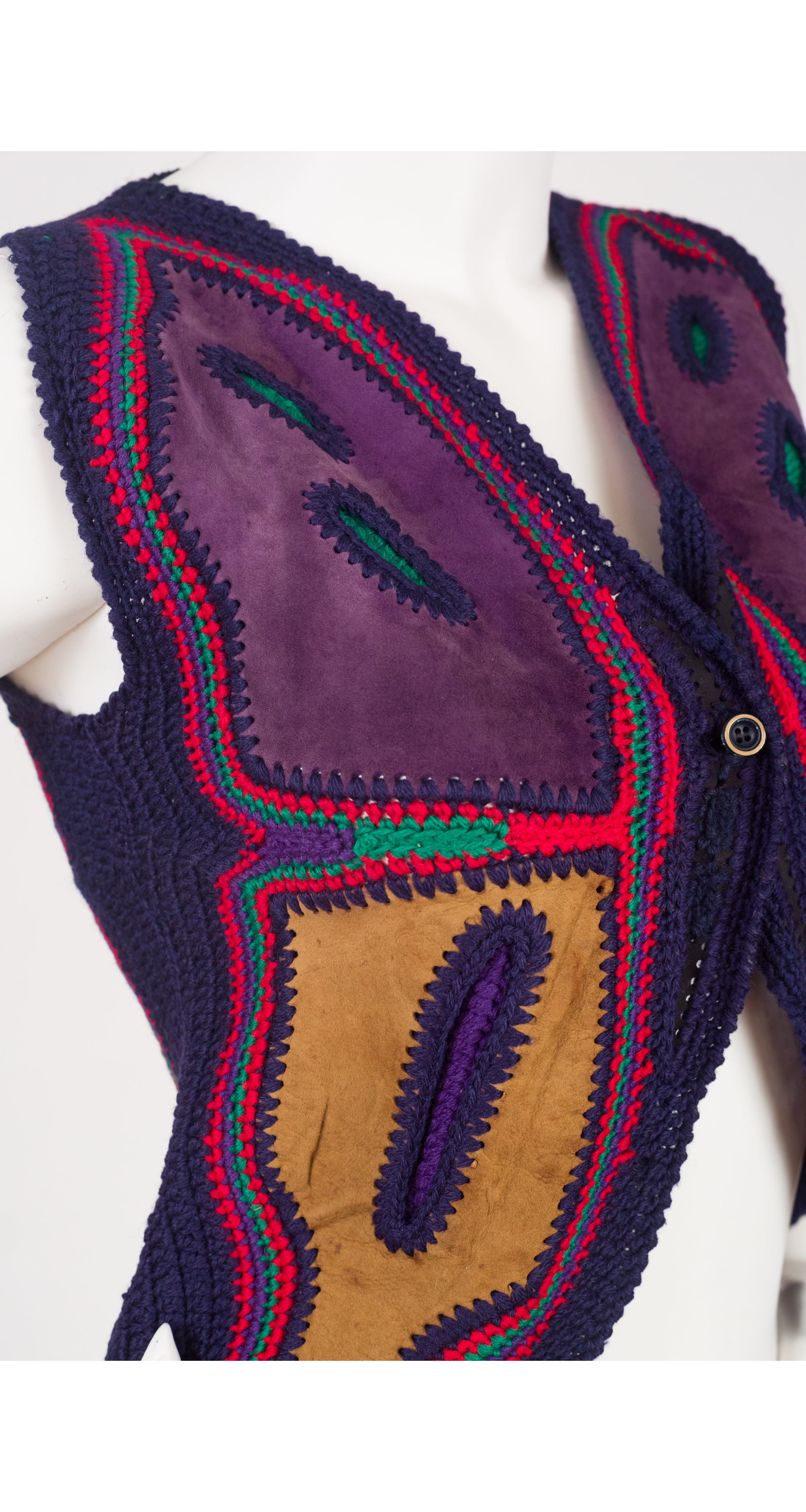 1970s Butterfly Suede & Wool Crochet Vest