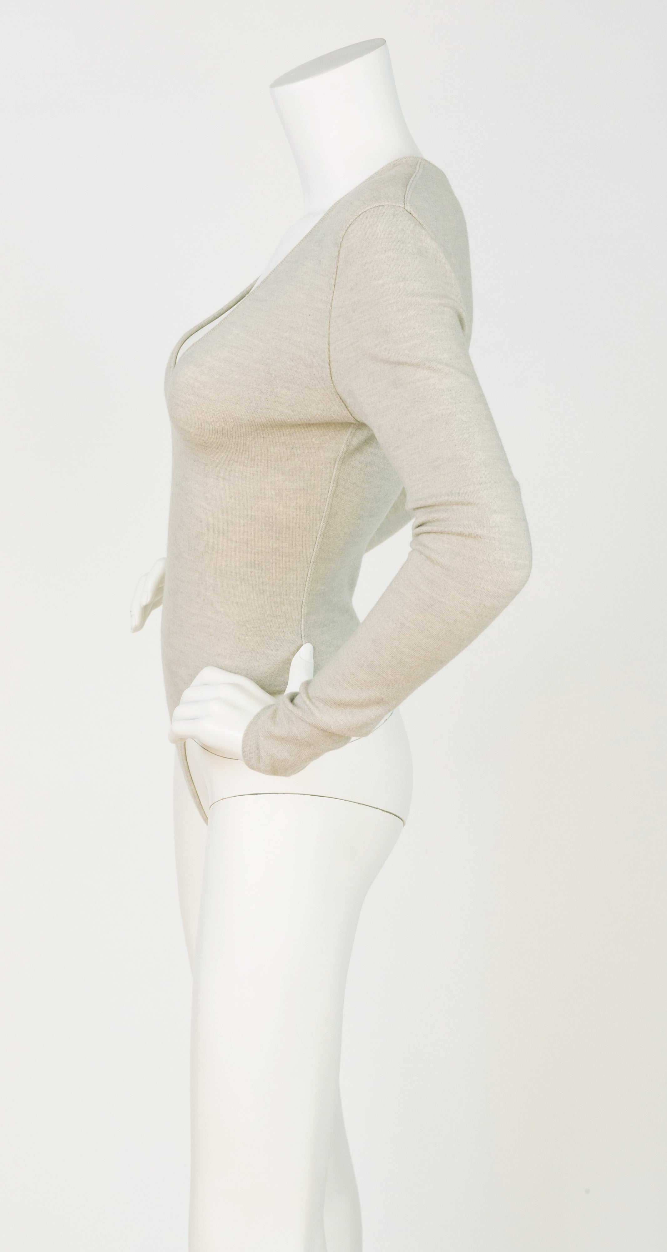 1990s Taupe Wool Jersey V-Neck Thong Bodysuit