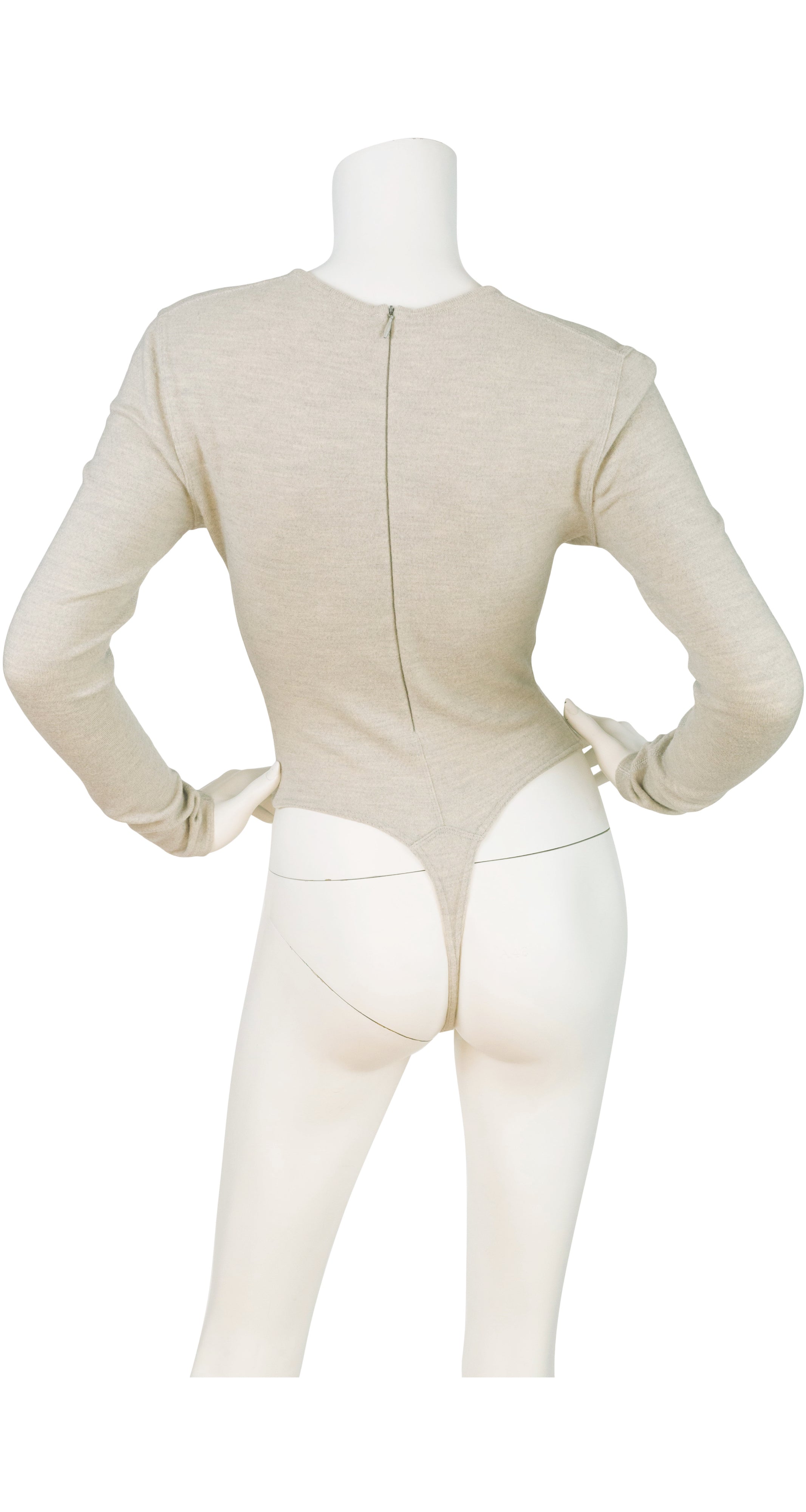 1990s Taupe Wool Jersey V-Neck Thong Bodysuit