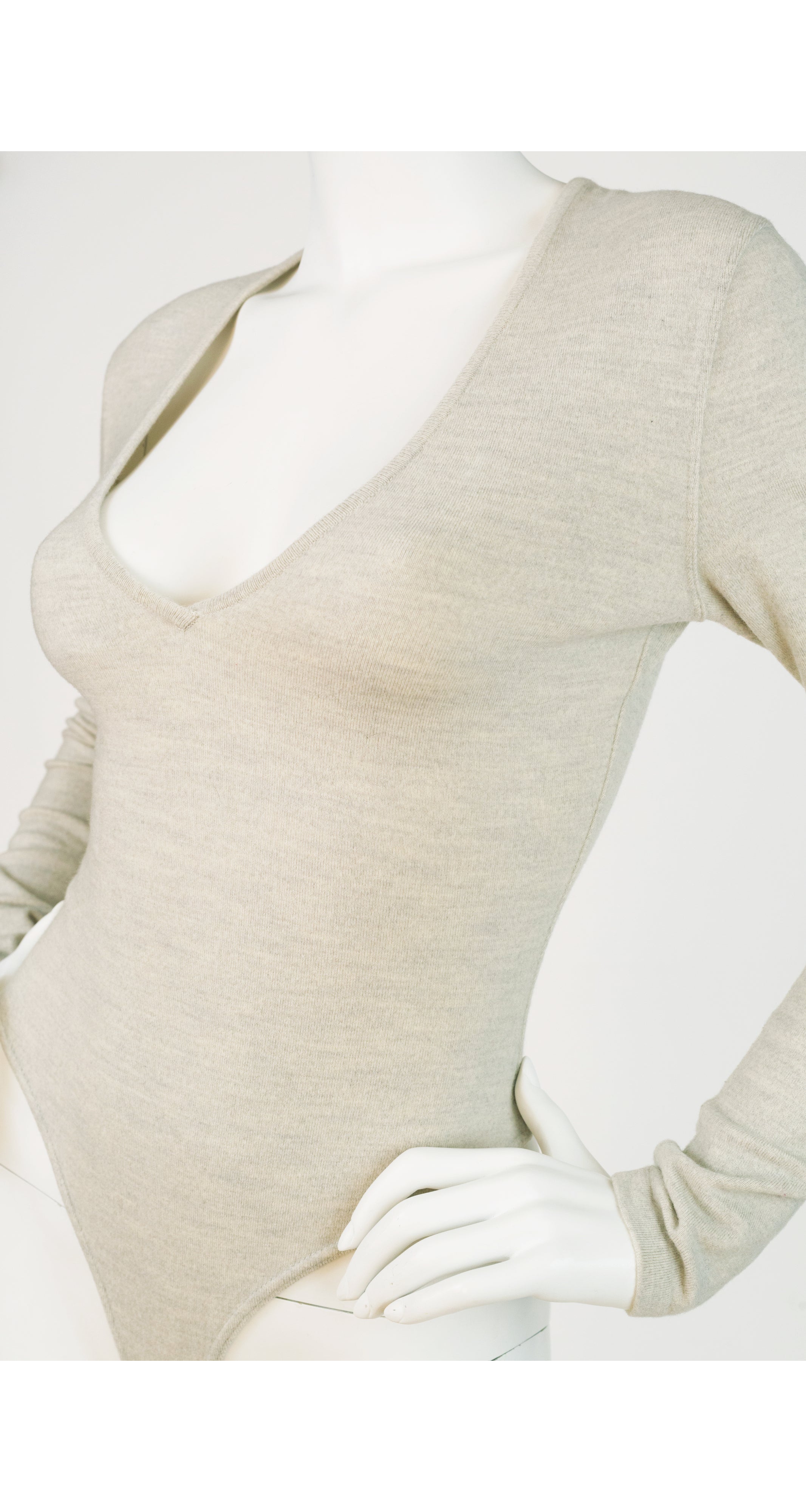 1990s Taupe Wool Jersey V-Neck Thong Bodysuit