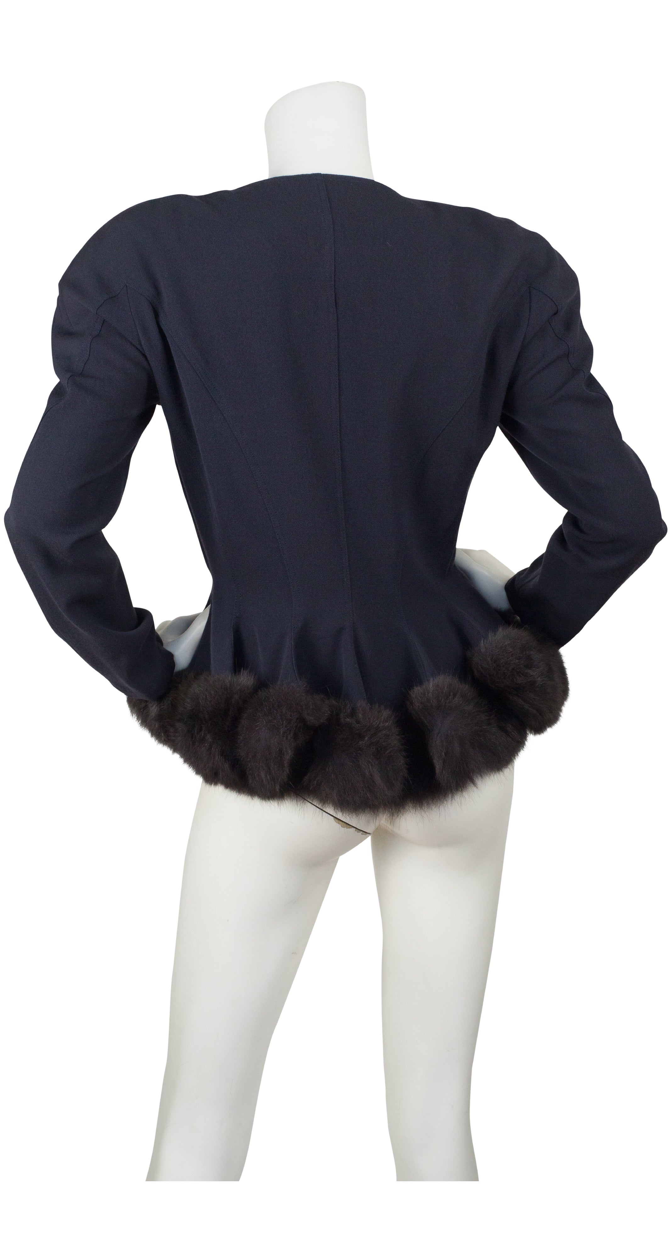 1980s Gunmetal Wool Fur Trim Peplum Jacket