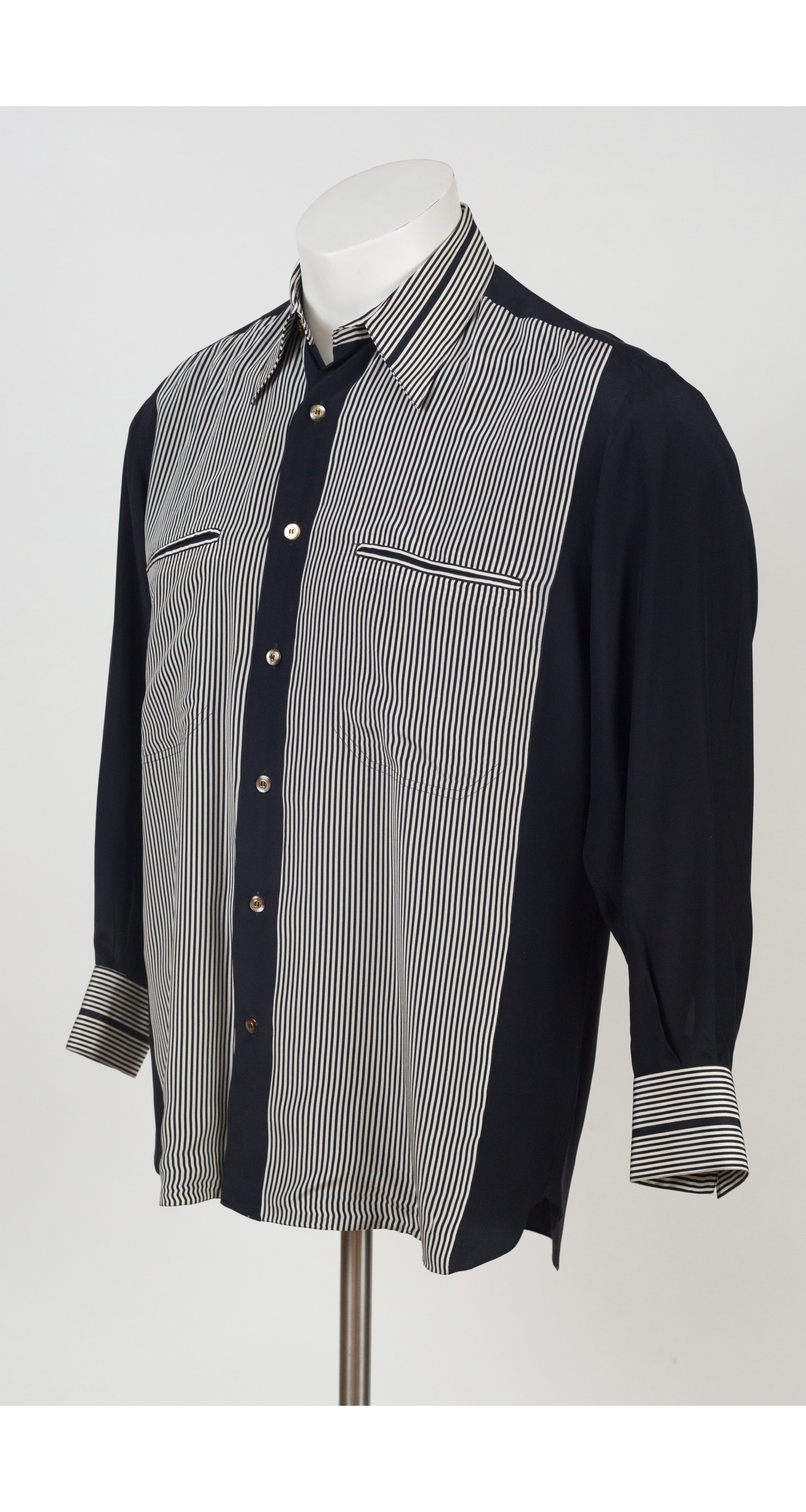 1980s Men's Black & White Striped Silk Collared Shirt
