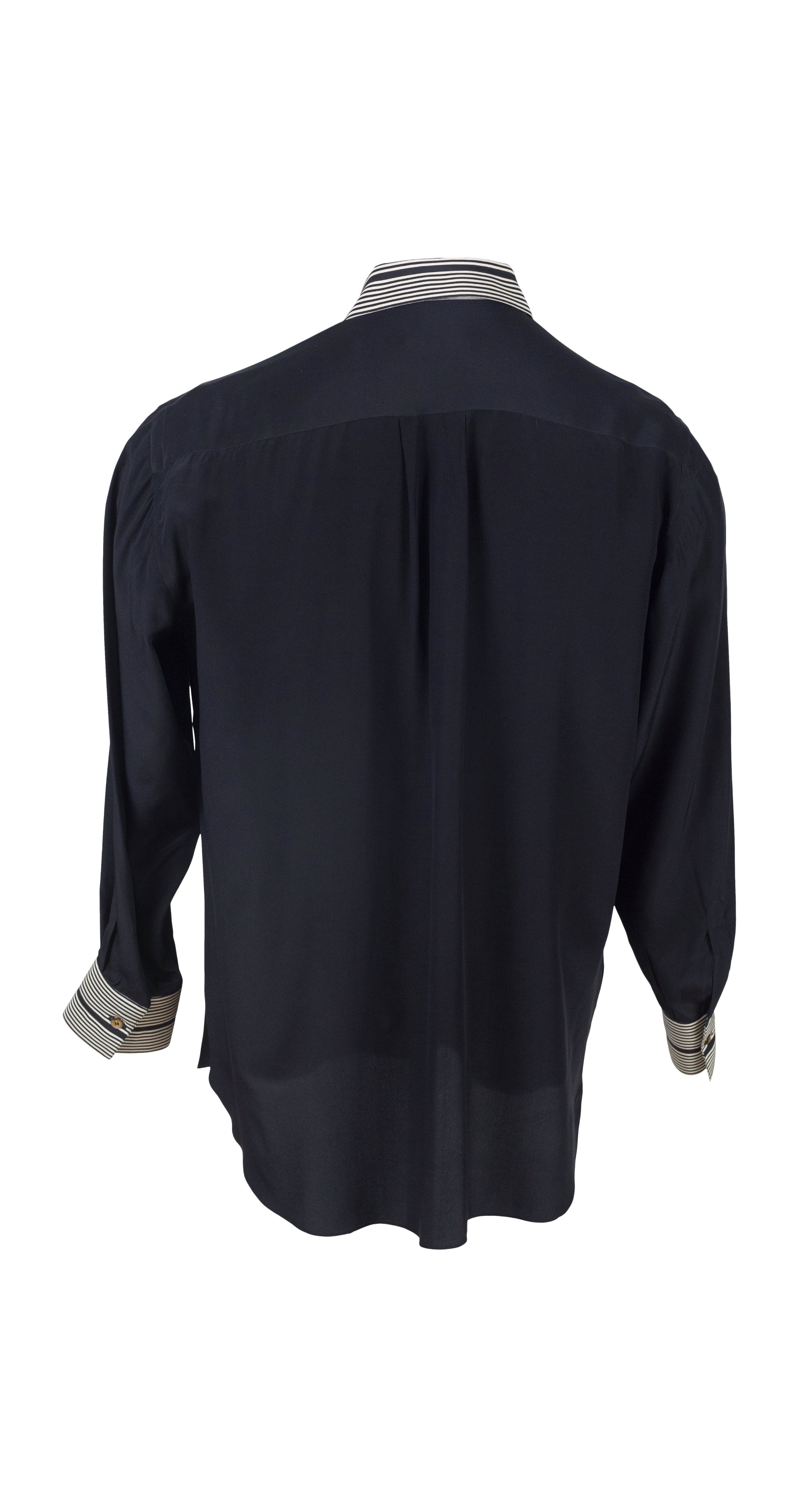 1980s Men's Black & White Striped Silk Collared Shirt