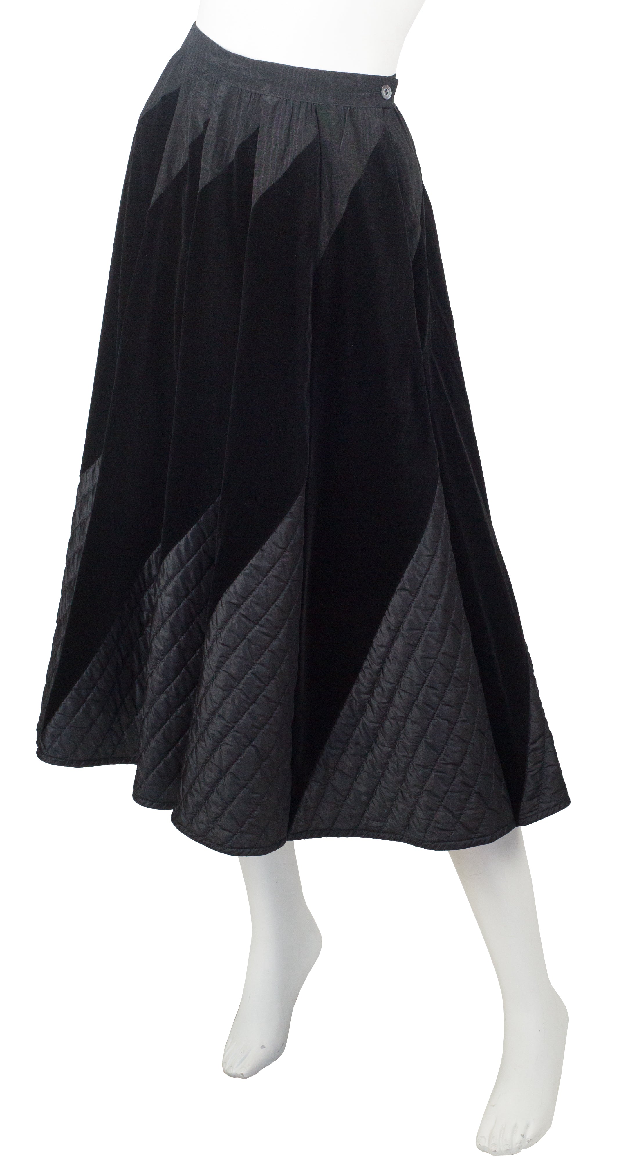 1970s Quilted Black Velvet Circle Skirt
