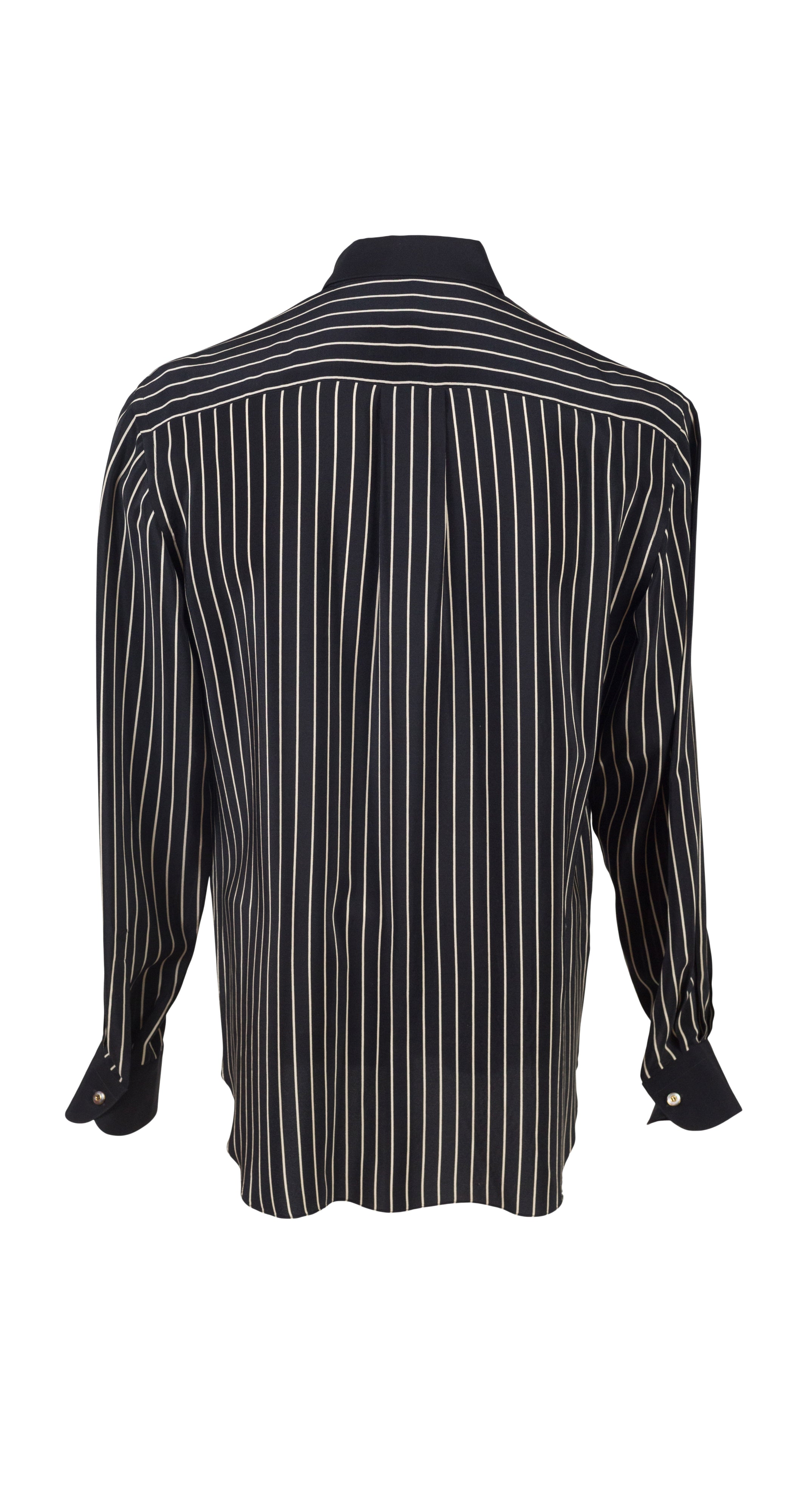 1980s Men's Black & Cream Striped Silk Collared Shirt