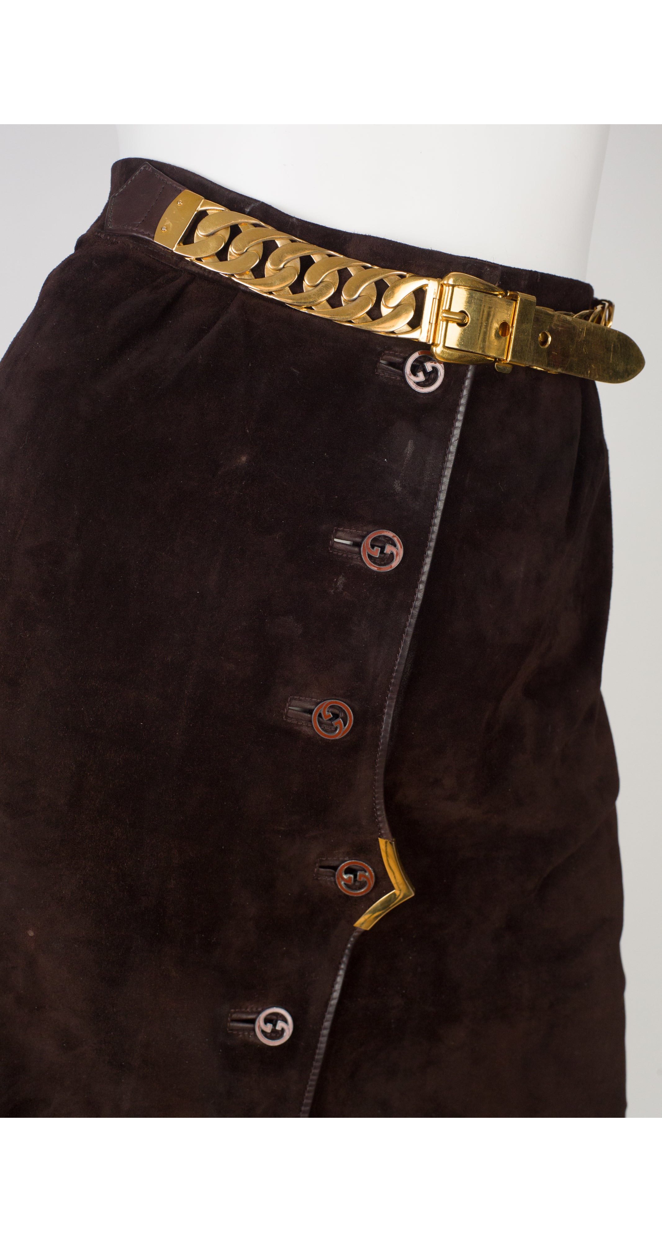 1970s "GG" Button Brown Suede A-Line Skirt