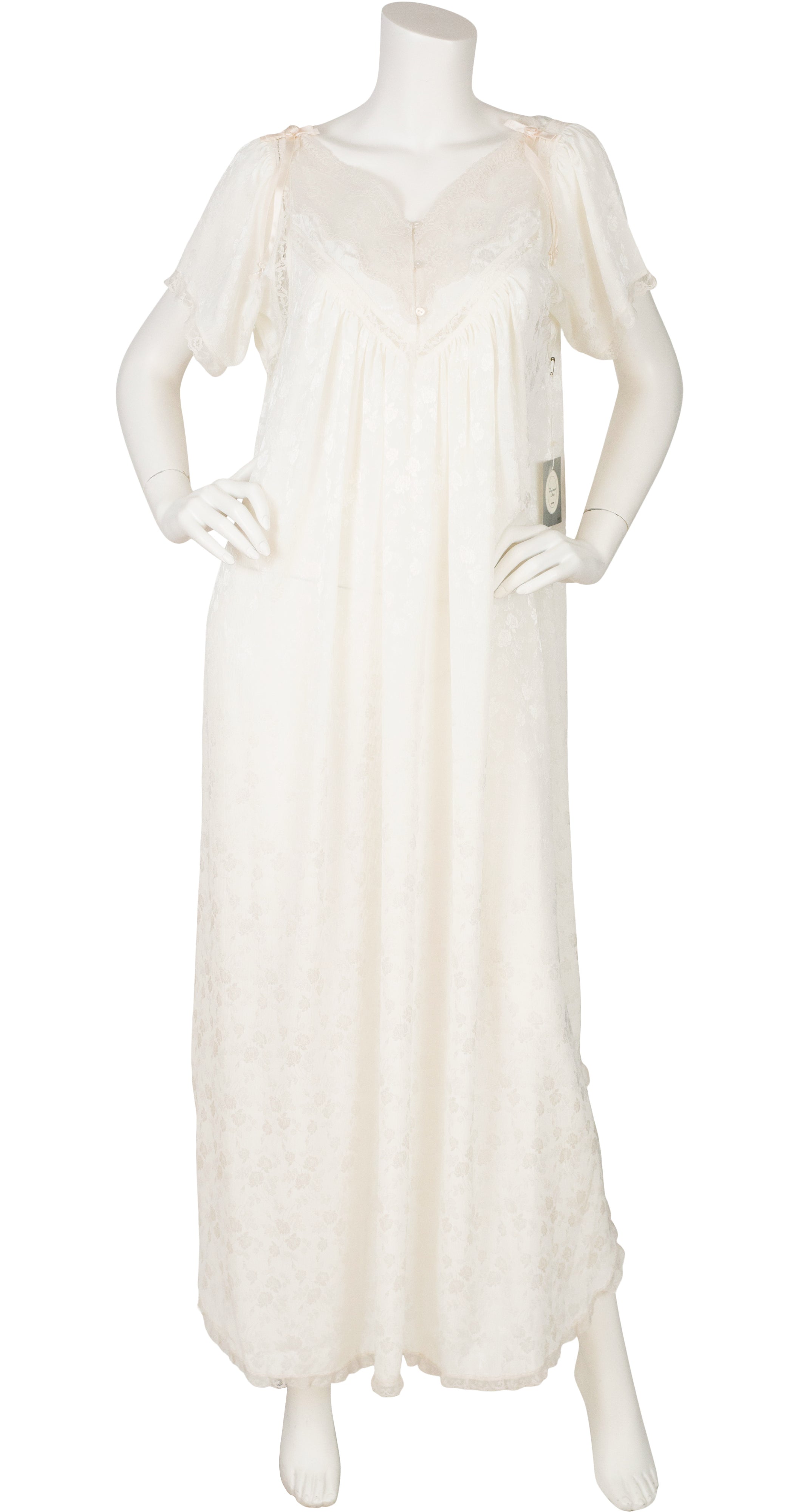 1980s NWT Cream Lace & Floral Jacquard Nightgown