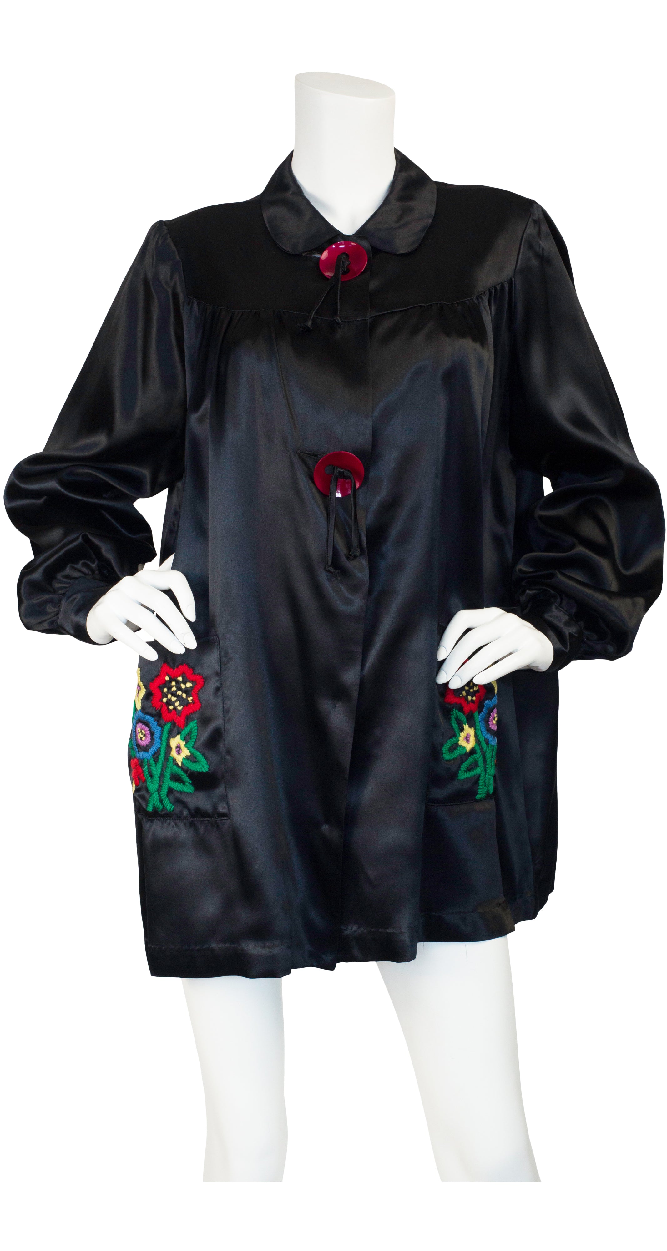 1930s Embroidered Black Satin Rayon Bed Jacket