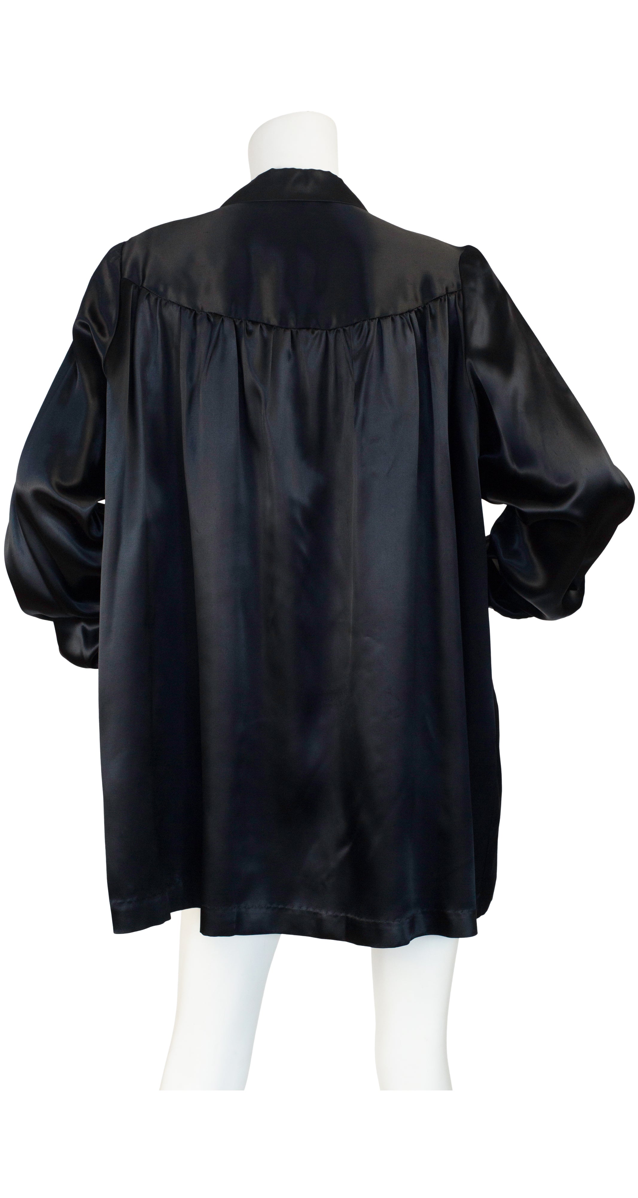 1930s Embroidered Black Satin Rayon Bed Jacket