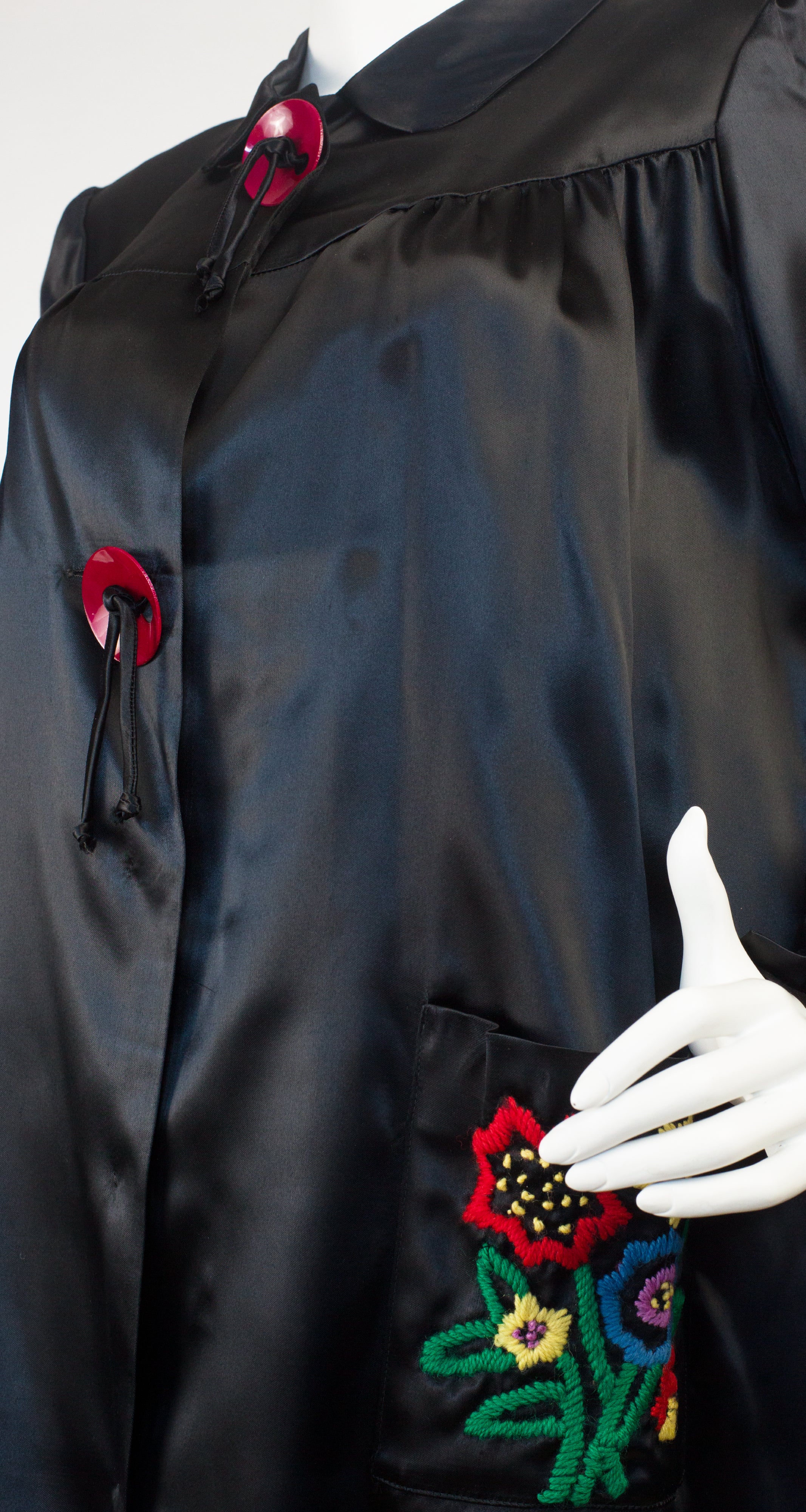 1930s Embroidered Black Satin Rayon Bed Jacket